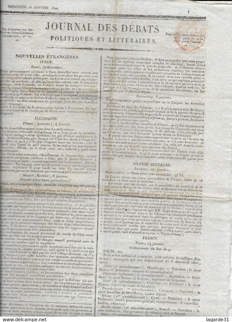 Rare Le Journal Des Débats Politiques Et Littéraires - 16 Janvier 1822 - 1800 - 1849