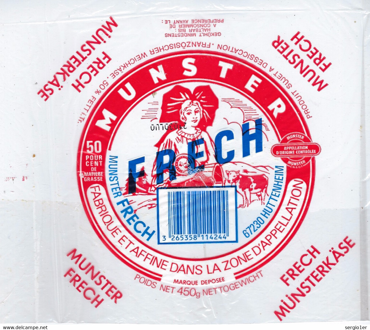 Etiquette Fromage Munster Frech  50%mg 450g  Huttenheim 67 " Femme Alsace" - Formaggio