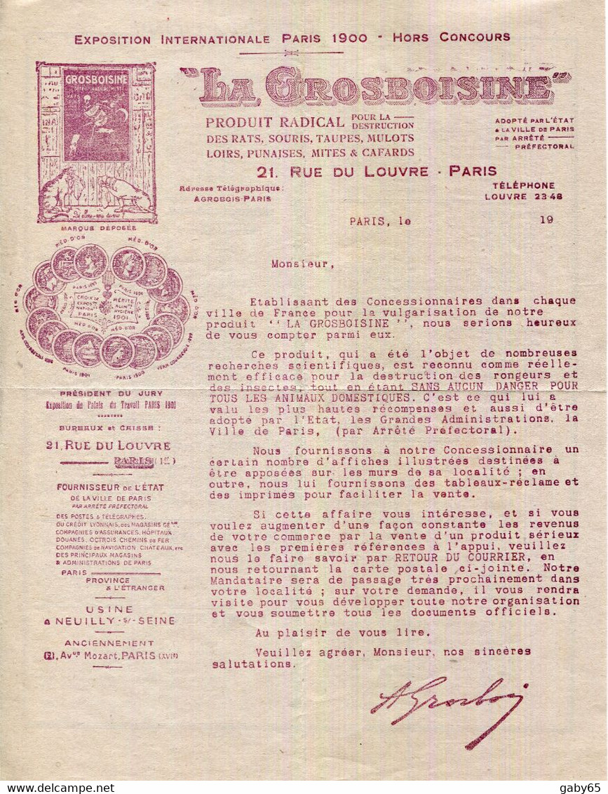 PARIS.PRODUIT RADICAL POUR LA DESTRUCTION DES RATS,SOURIS,TAUPES,PUNAISES...Etc." LA GROSBOISINE " 21 RUE DU LOUVRE. - Droguerie & Parfumerie