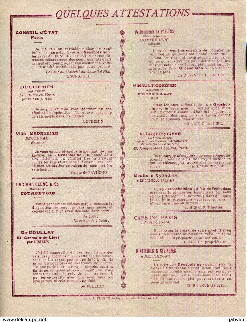 PARIS.PRODUIT RADICAL POUR LA DESTRUCTION DES RATS,SOURIS,TAUPES,PUNAISES...Etc." LA GROSBOISINE " 21 RUE DU LOUVRE. - Droguerie & Parfumerie