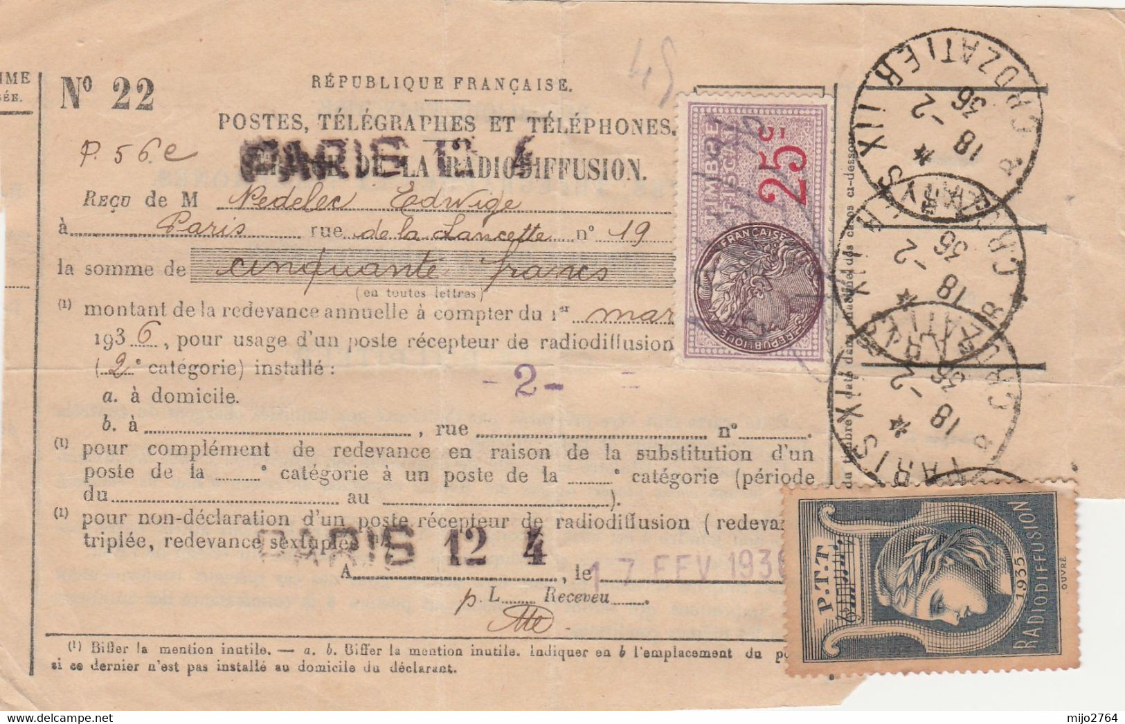 POSTES TELEGRAPHE ET TELEPHONES SERVICE DE LA RADIODIFUSION   1936 - France Radiodiffusion