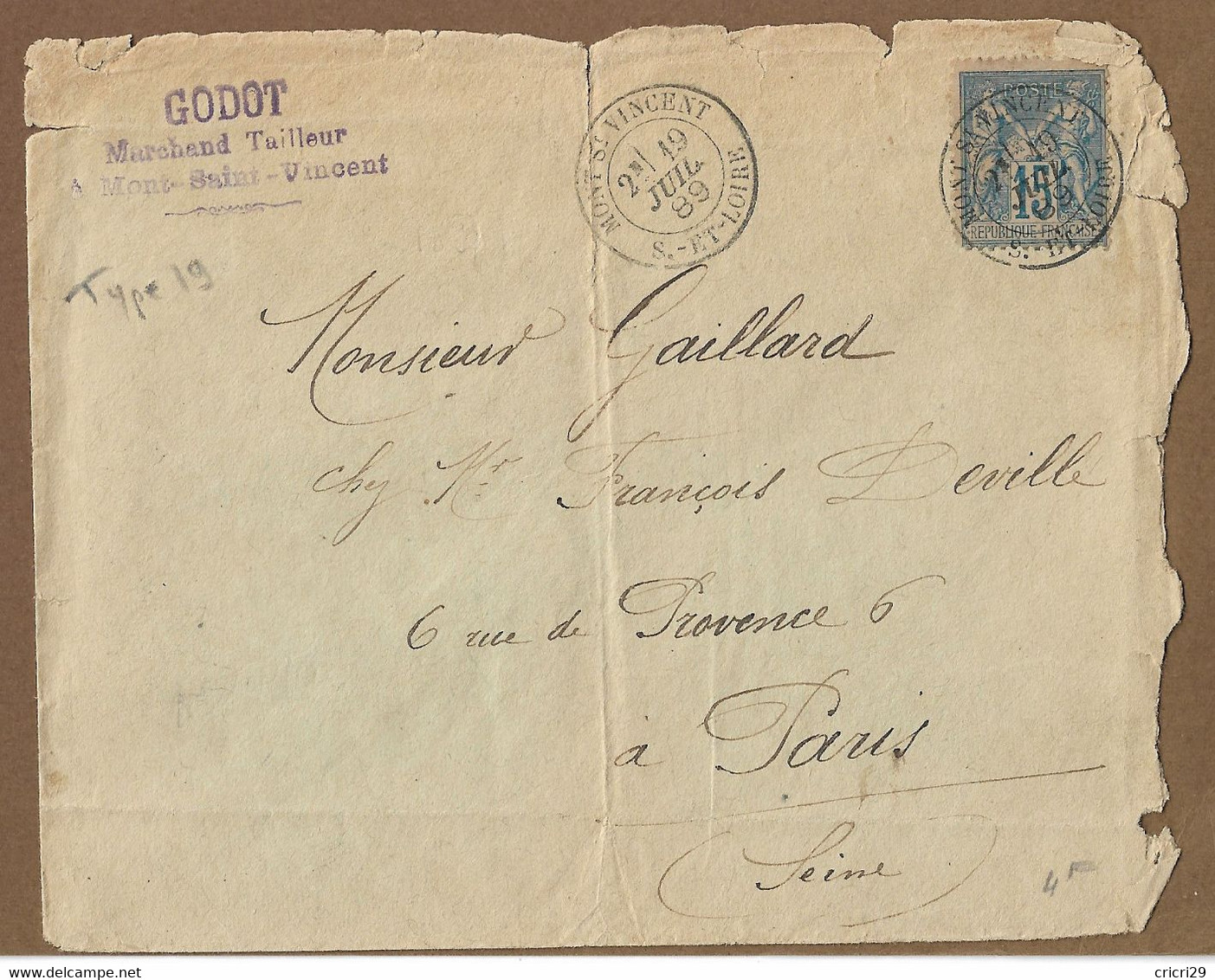 MONT St VINCENT  : 1889 : Cachet à Date Type 19 Sur Sage 15c Bleu  :  ( Saône Et Loire ) : - 1877-1920: Periodo Semi Moderno