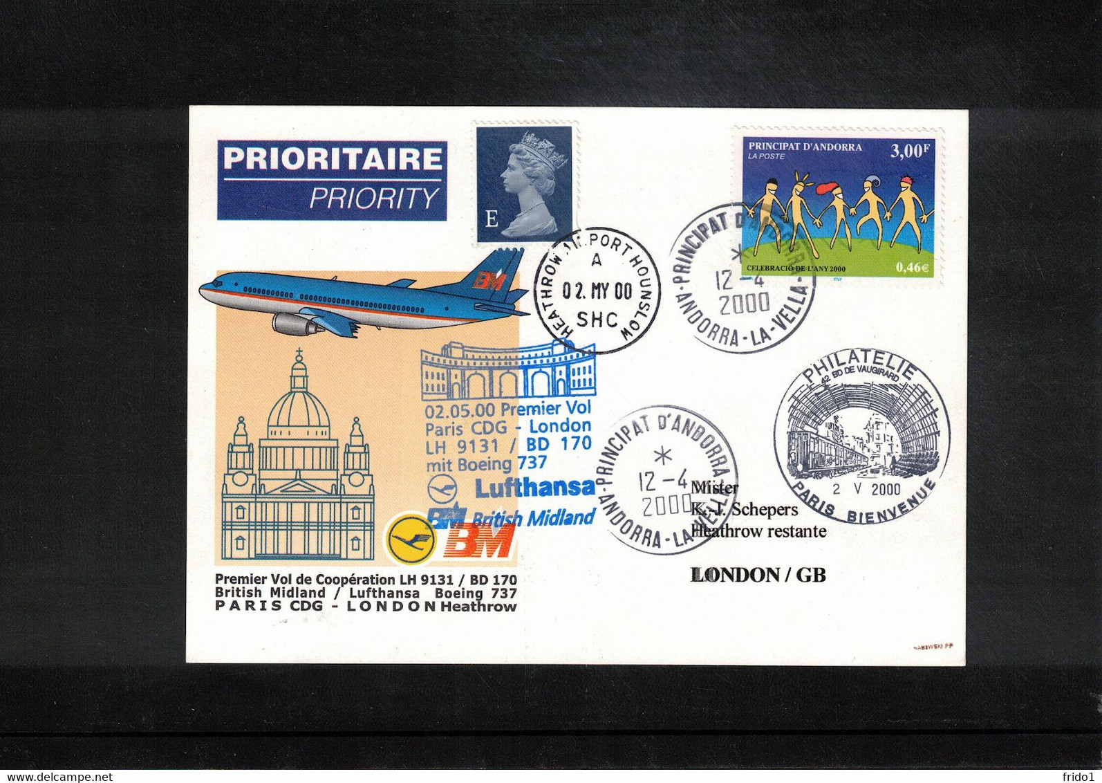 Andorra 2000 Lufthansa First Flight Boeing 737  Paris CDG - London - Covers & Documents