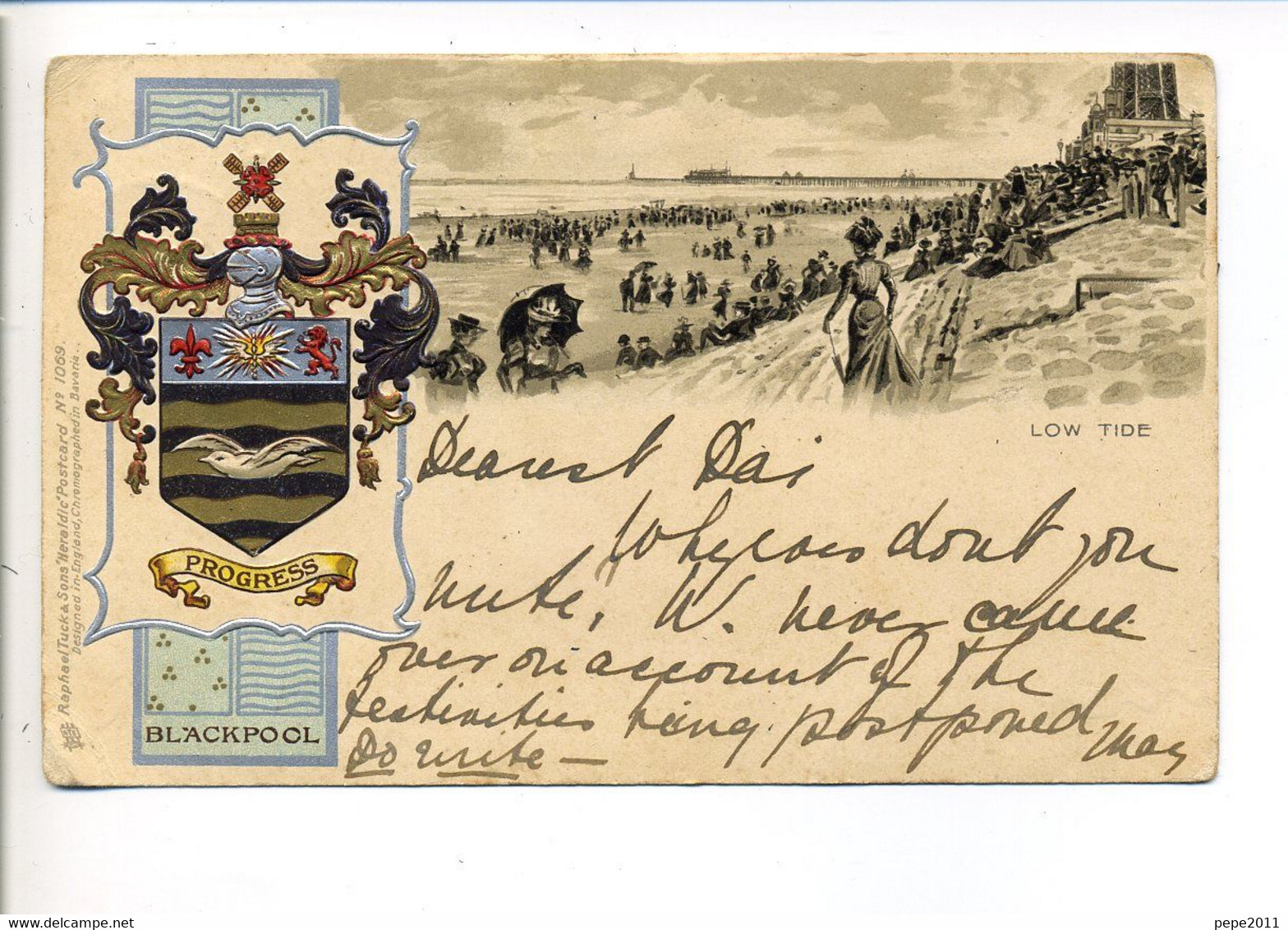 CPA BLACKPOOL Low Tide Illustration Beach People Coat Of Arms Illustration Marée Basse Animation Blason 1902 - Blackpool