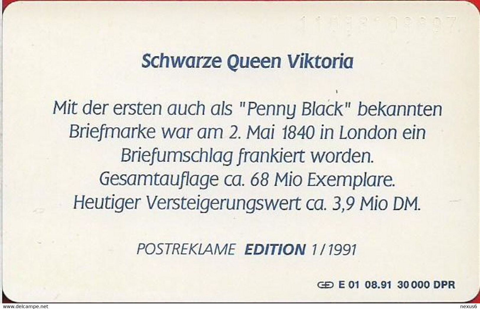Germany - Briefmarken 1 - Schwarze Queen Viktoria - E 01-08.91 - 12DM/40Units, 30.000ex, Mint - E-Series: Editionsausgabe Der Dt. Postreklame