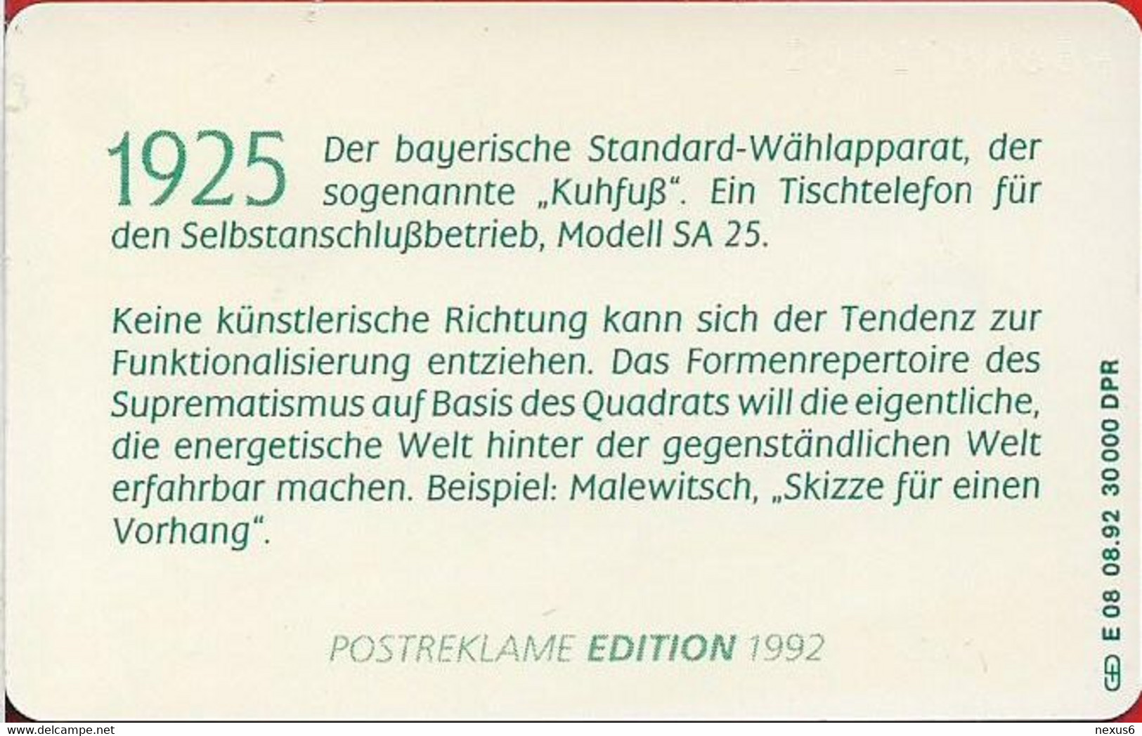 Germany - Alte Telefonapparate 4 - Standardwählapparat Kuhfuß (1925) E08 08.92 - 12DM-40Units, 30.000ex, Mint - E-Series: Editionsausgabe Der Dt. Postreklame