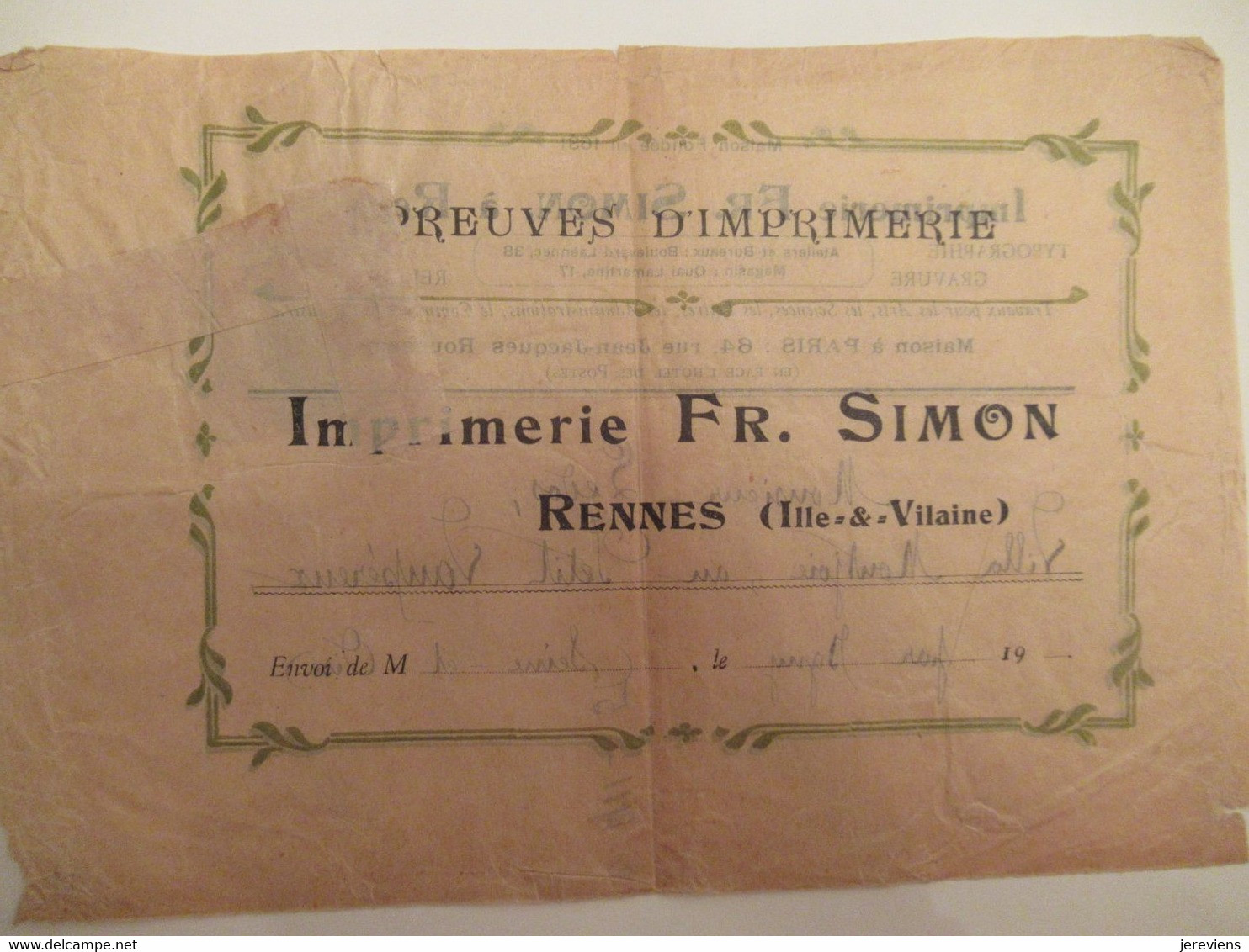 5c Semeuse Sur Document Postal Rennes  Imprimerie Fr Simon  Sur Devant D Enveloppe - Millesimes