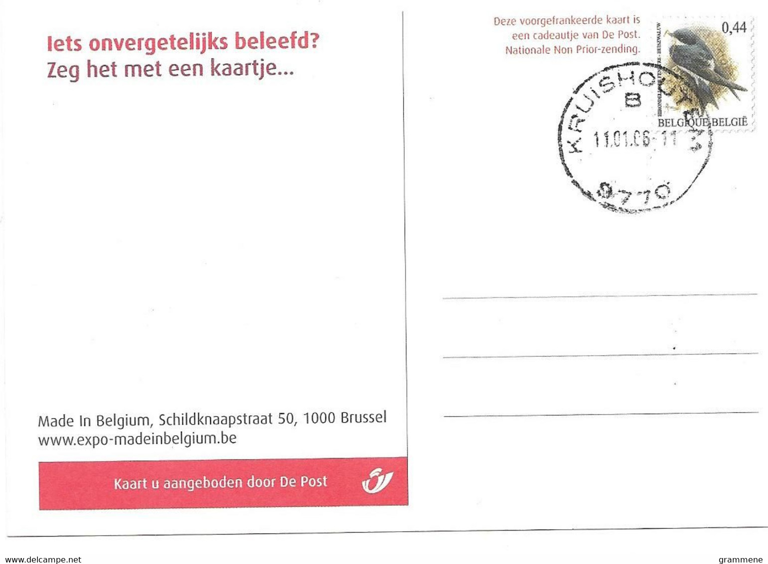 Expo Made In Belgium 2006 Kaart Voorgefrankeerd Met  Buzin ,stempel Kruishoutem - 1985-.. Pájaros (Buzin)