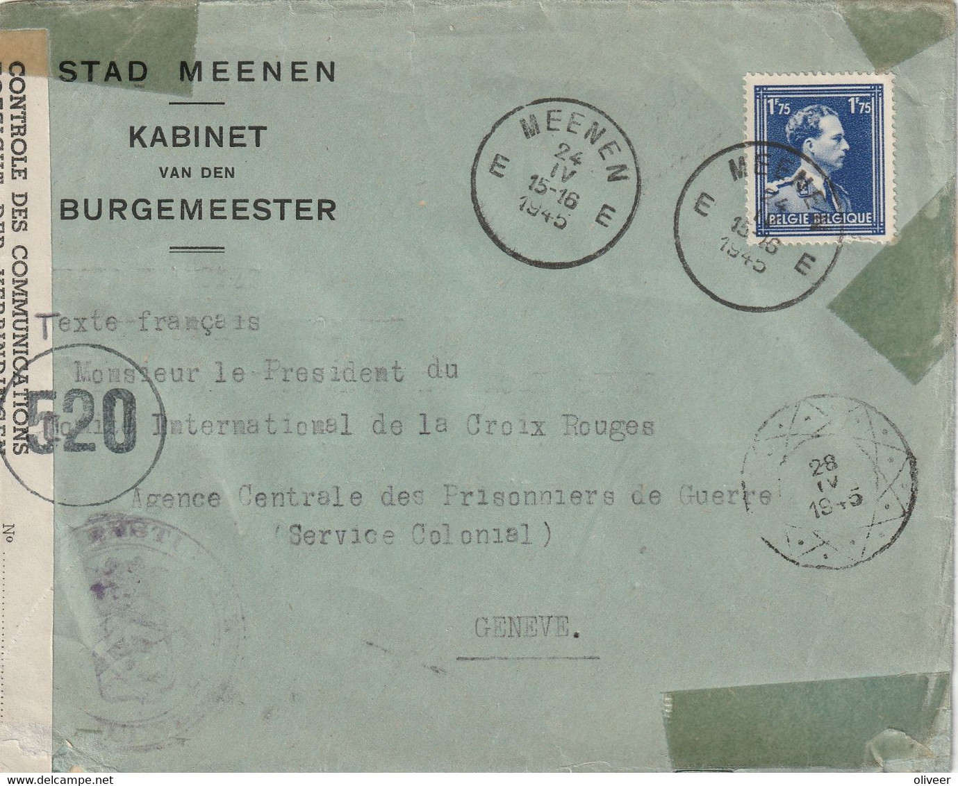 Brief MEENEN Naar Geneve 24-IV-45 - CONTROLE DES COMMUNICATIONS - WW II (Covers & Documents)