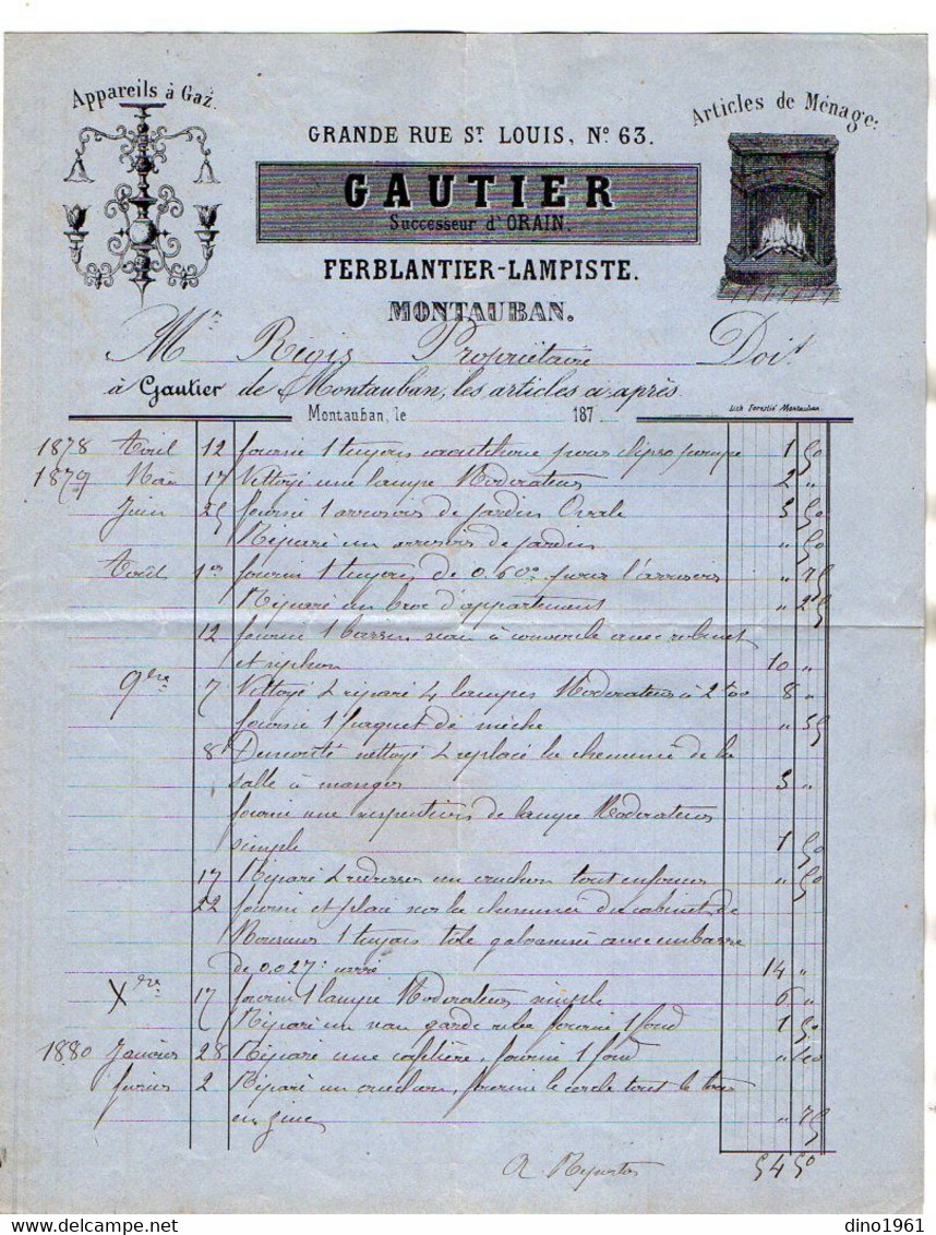 VP17.954 - Facture - Appareils à Gaz.... GAUTIER Successeur D'ORAIN Ferblantier - Lampiste ( Lampe ) à MONTAUBAN - Elektriciteit En Gas