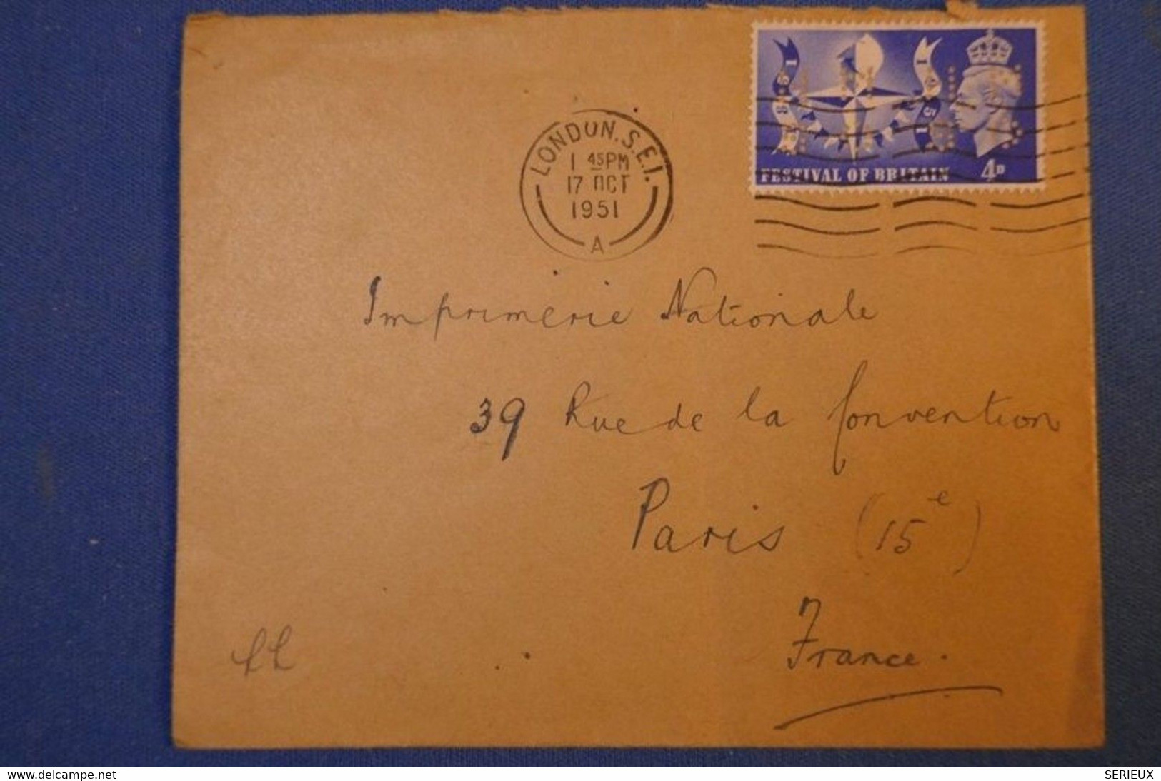 239 GRANDE BRETAGNE LETTRE 1951 DE LONDRES A PARIS R DE LA CONVENTION + TIMBRES PERFORATIONS PERFORATED - Brieven En Documenten
