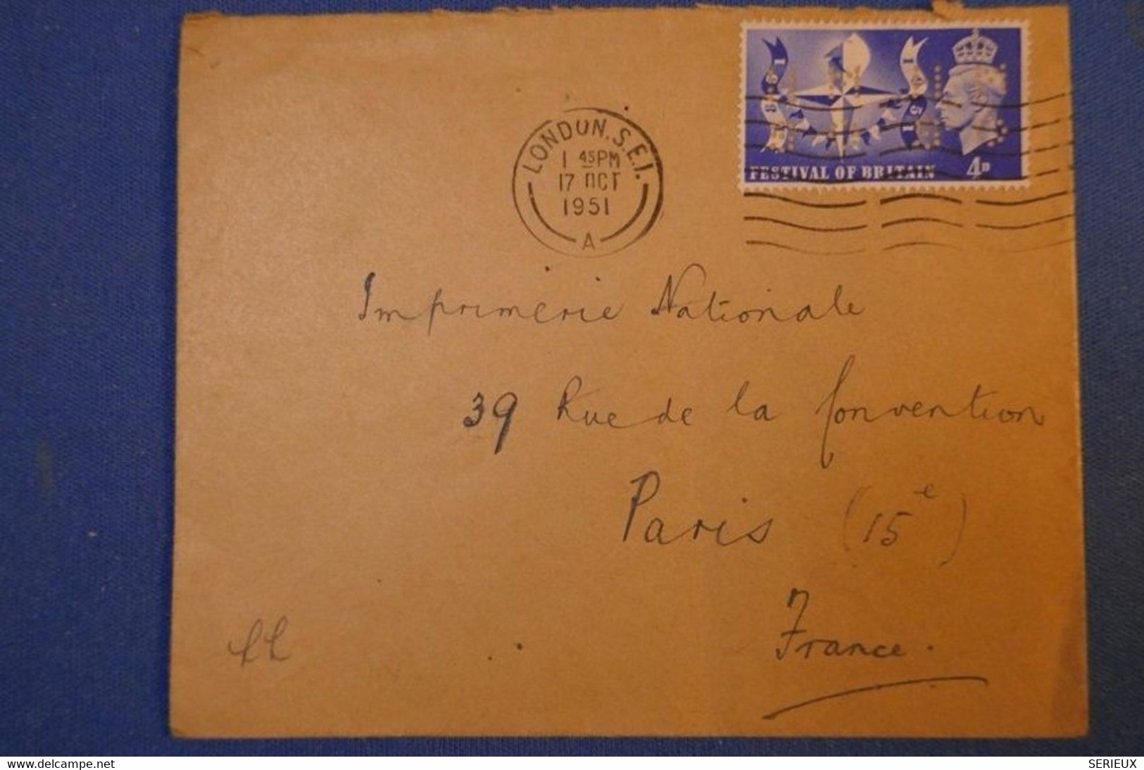 239 GRANDE BRETAGNE LETTRE 1951 DE LONDRES A PARIS R DE LA CONVENTION + TIMBRES PERFORATIONS PERFORATED - Cartas & Documentos