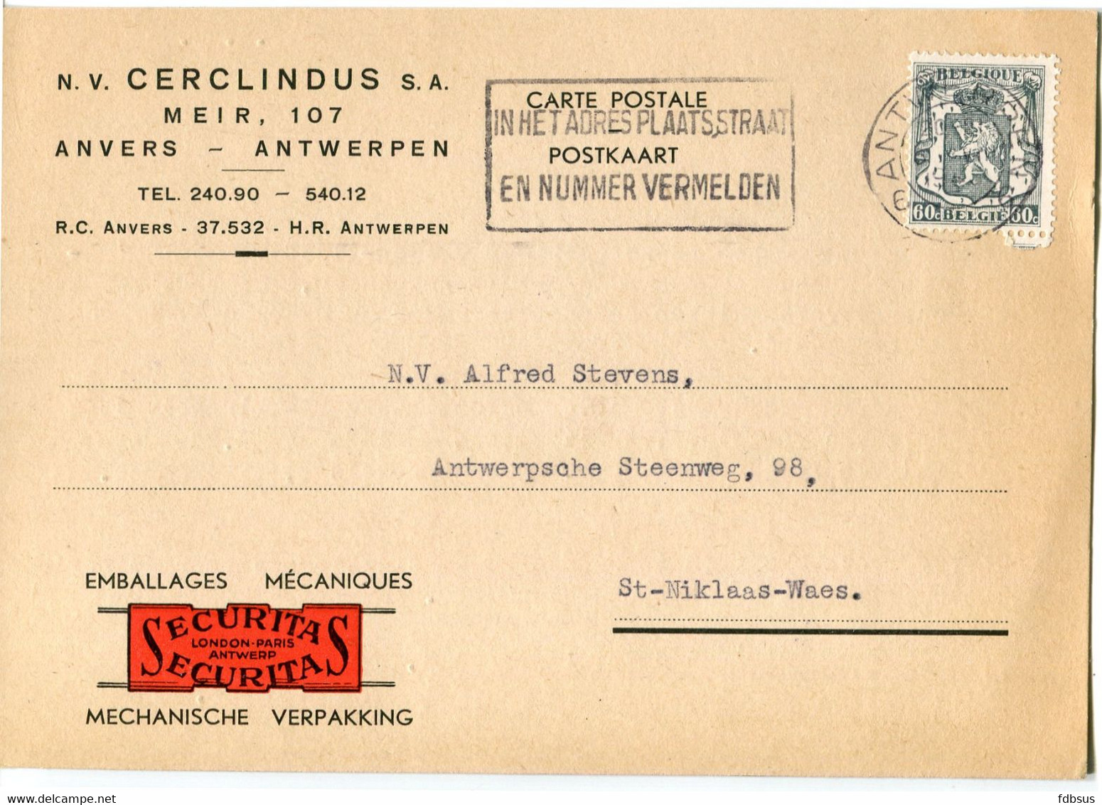 1943 1 Plikart(en) - Postkaart(en) - Zie Zegels, Stempels, Hoofding CERCLINDUS Meir Anvers - Emballage SECURITAS London - Flammes
