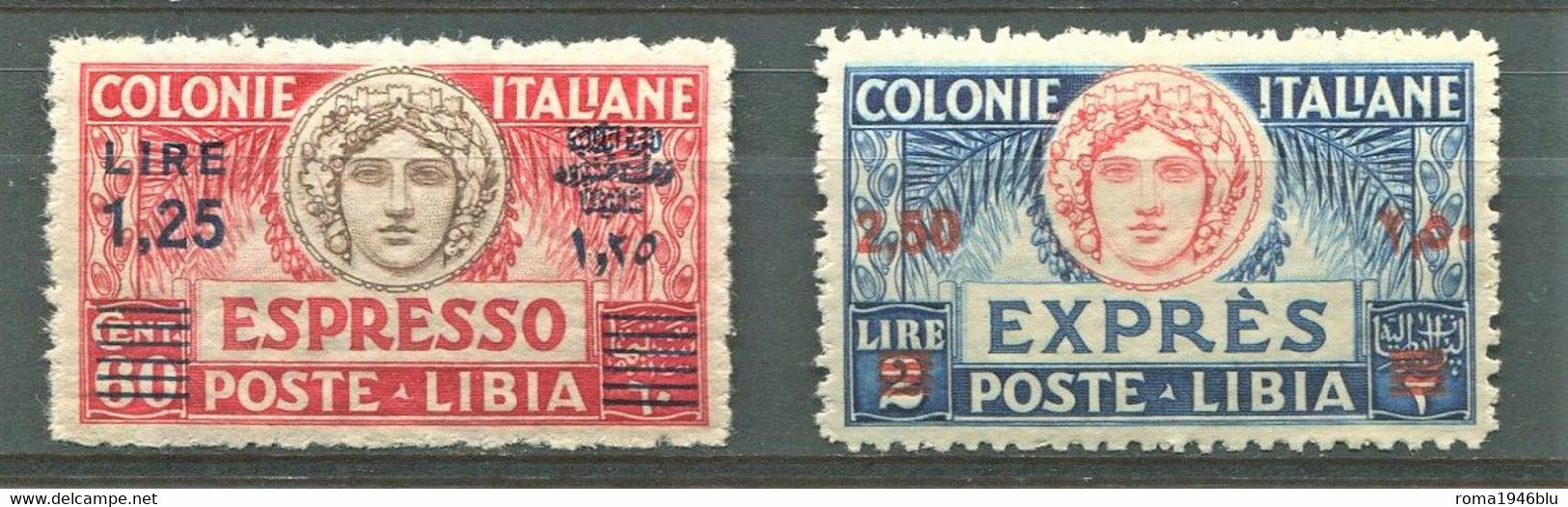 LIBIA 1927-33  ESPRESSI NUOVO VALORE IN SOPRASTAMPA SASSONE N.12 E 13 CENTRATO ** MNH - Libya