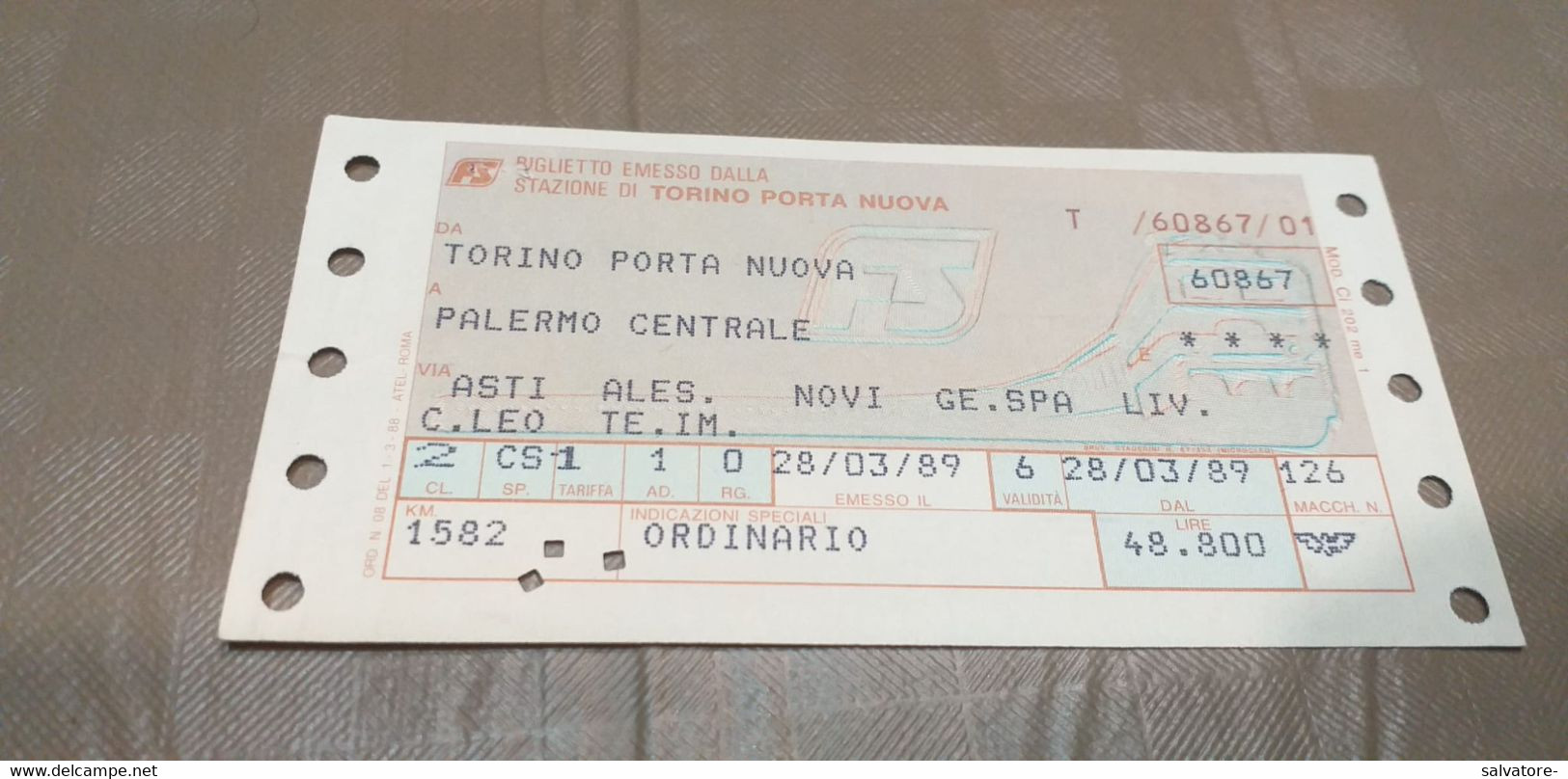 BIGLIETTO DA  TORINO PORTA NUOVA A PALERMO CENTRALE 1989 - Europa