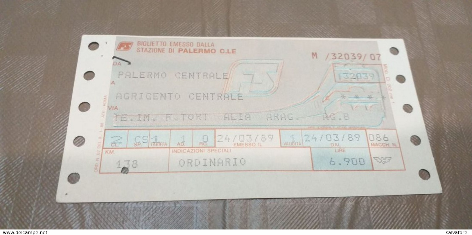 BIGLIETTO DA   PALERMO CENTRALE  PER AGRIGENTO CENTRALE 1989 - Europa