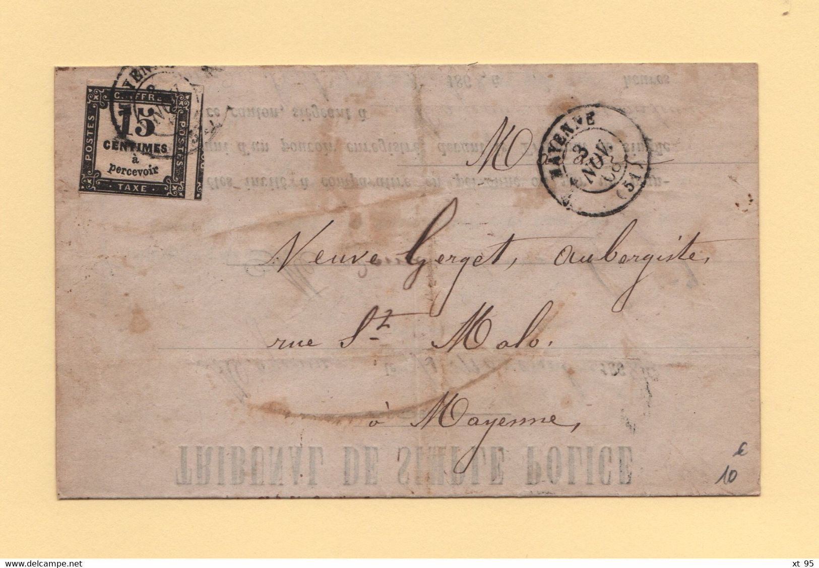 Mayenne - 51 - 3 Nov 1868 - Tribunal De Police - Defaut D Eclairage D Une Voiture - Timbre Taxe - 1859-1959 Covers & Documents