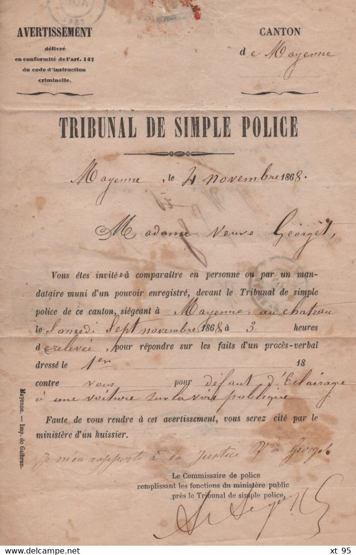 Mayenne - 51 - 3 Nov 1868 - Tribunal De Police - Defaut D Eclairage D Une Voiture - Timbre Taxe - 1859-1959 Covers & Documents
