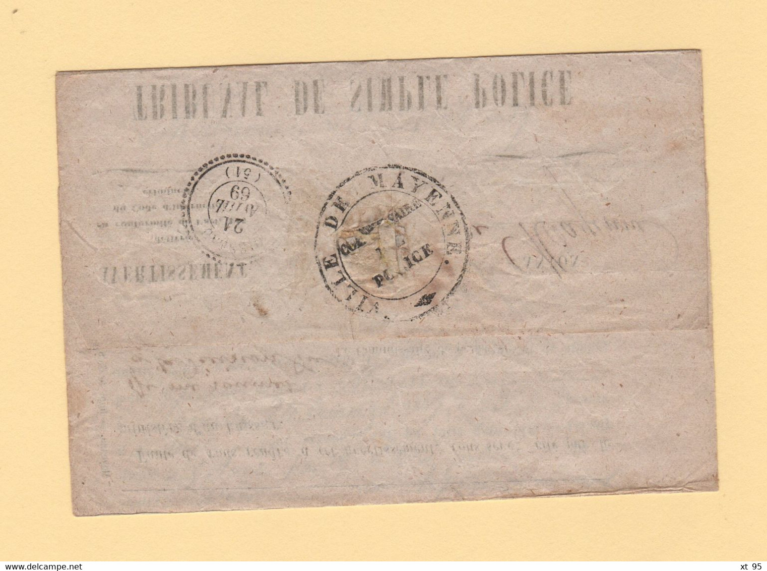 Mayenne - 51 - 20 Avril 1869 - Tribunal De Police - Tapage Injurieux - Timbre Taxe - 1859-1959 Cartas & Documentos