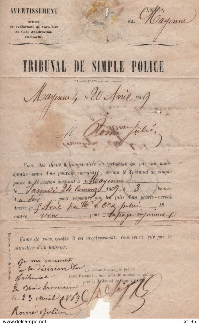 Mayenne - 51 - 20 Avril 1869 - Tribunal De Police - Tapage Injurieux - Timbre Taxe - 1859-1959 Brieven & Documenten
