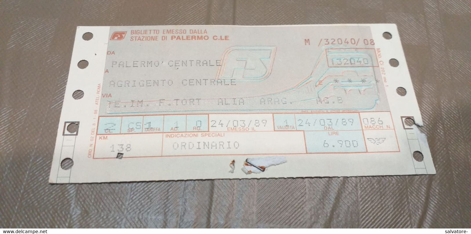 BIGLIETTO DA PALERMO  CENTRALE A AGRIGENTO CENTRALE 1989 - Europe
