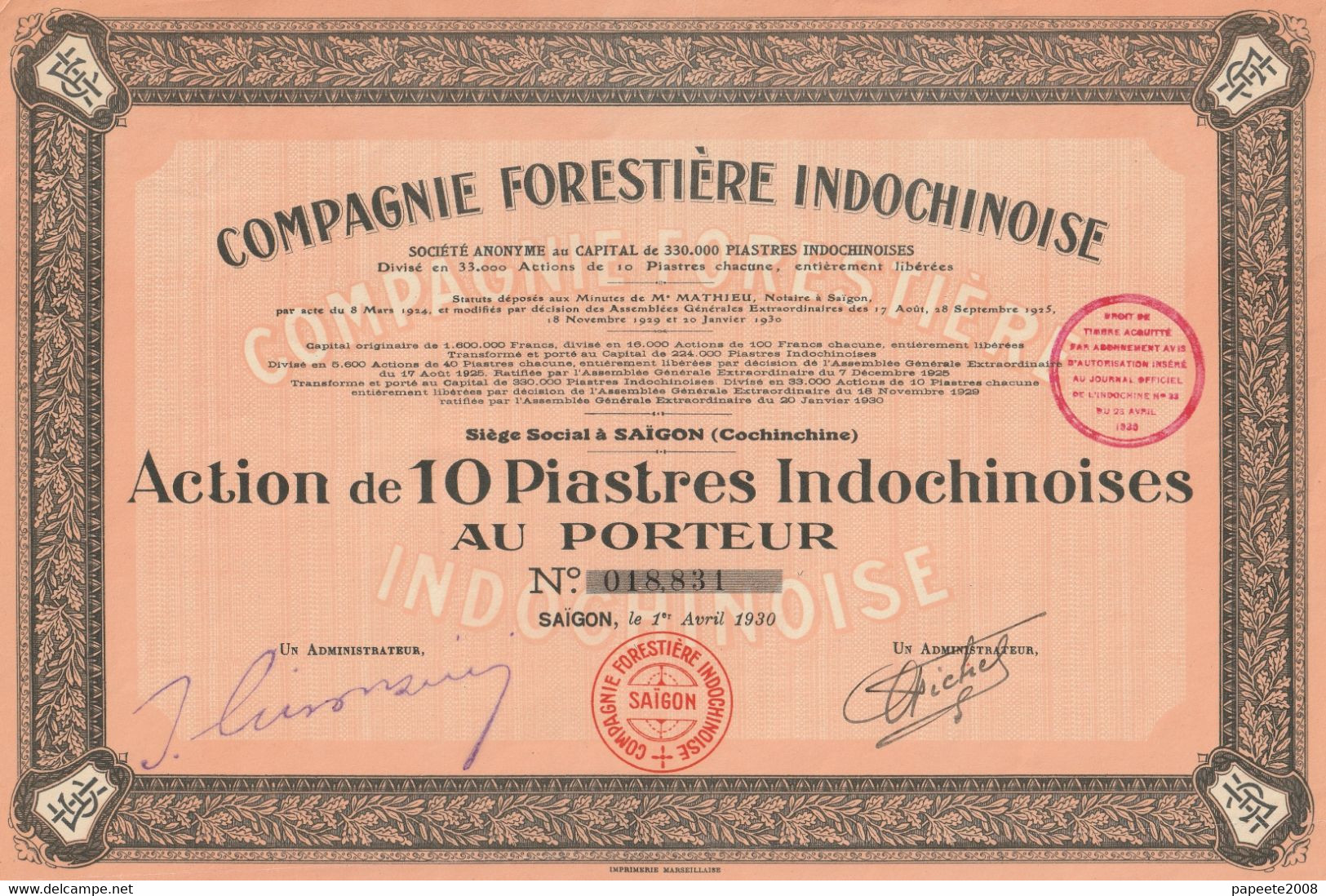 Indochine - Cie Forestière Indochinoise - A 10 Piastres Indochinoises - Asie