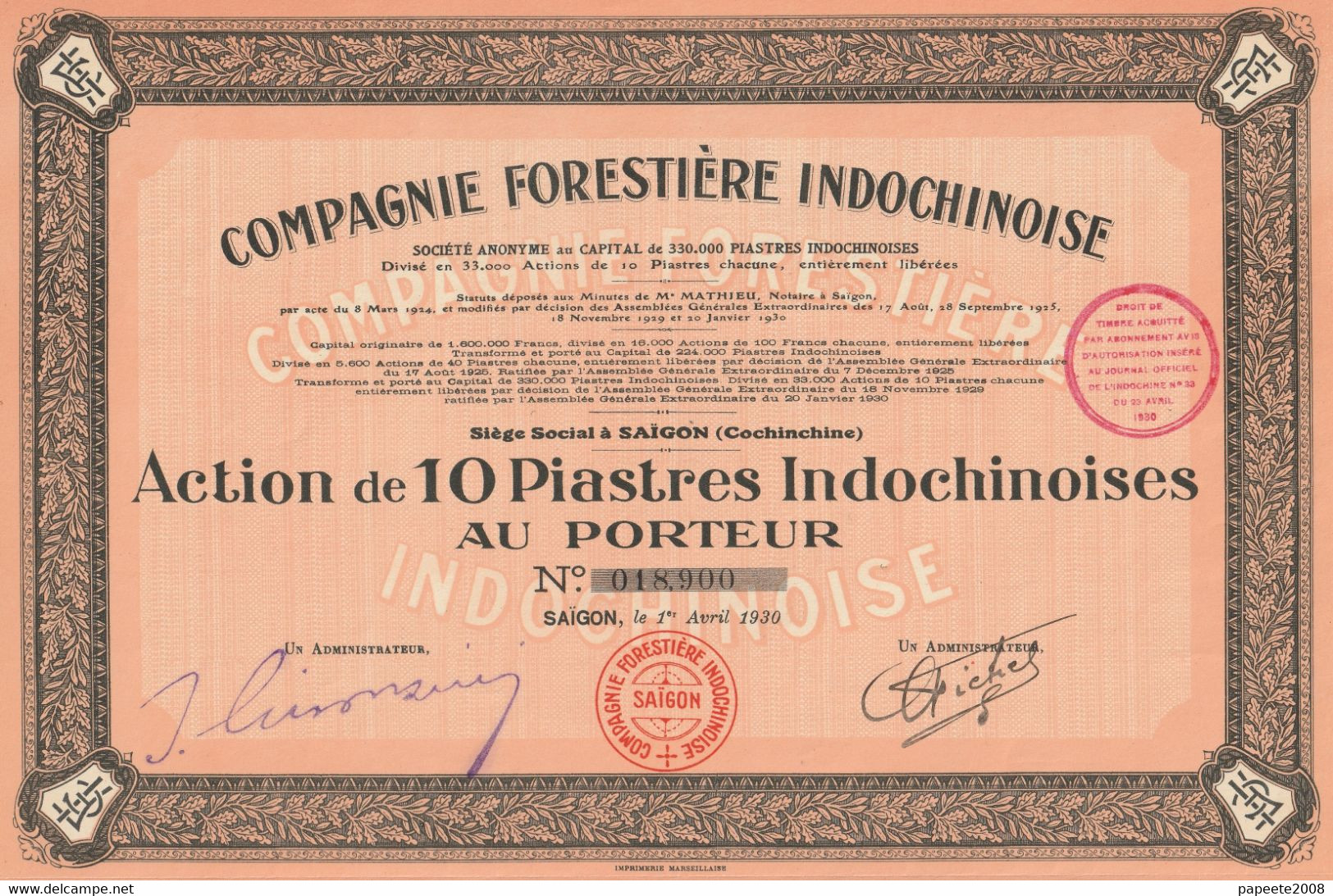 Indochine - Cie Forestière Indochinoise - A 10 Piastres Indochinoises - Asien