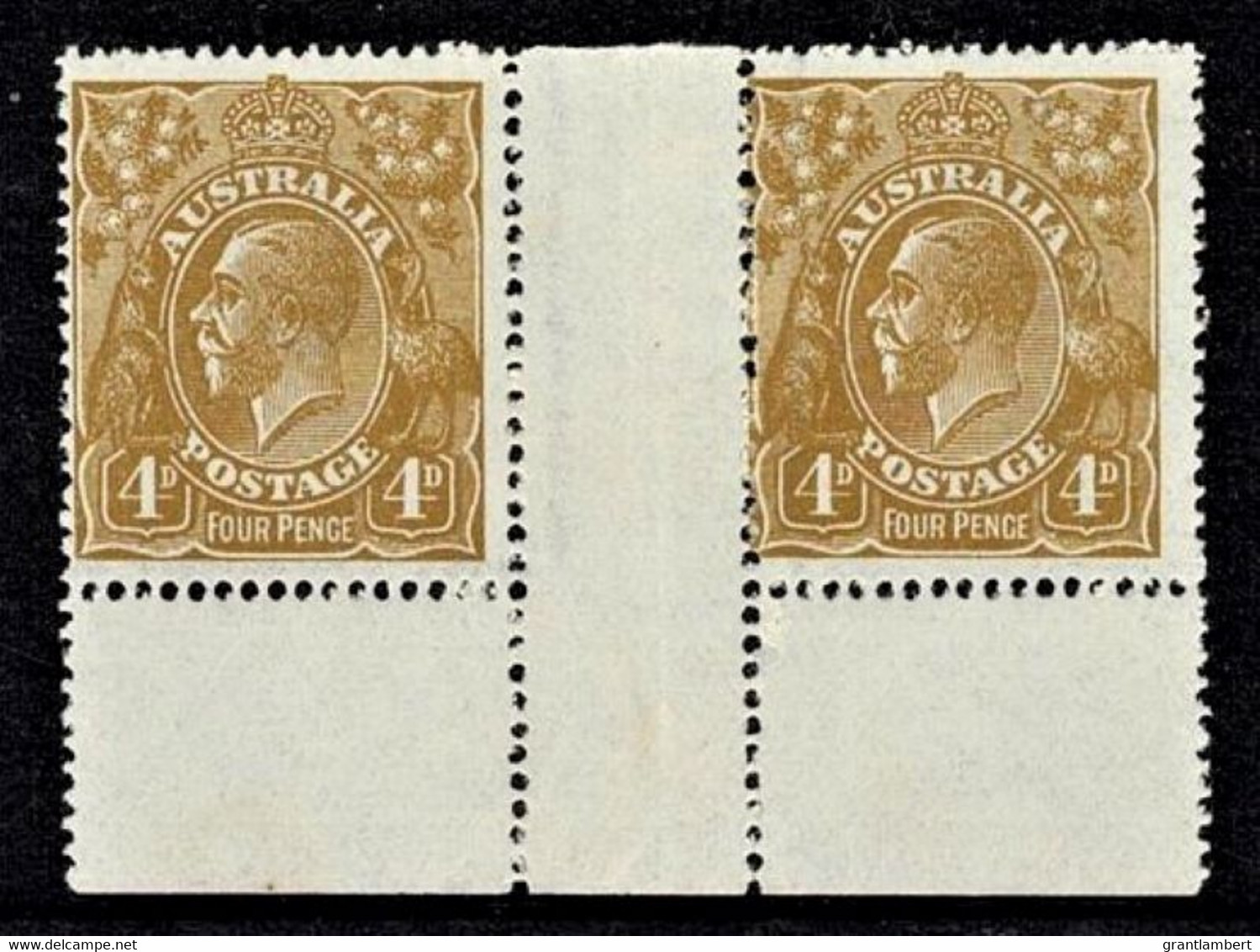 Australia 1924 King George V 4d Olive Single Crown No Imprint Pair, Stamps MNH - Neufs