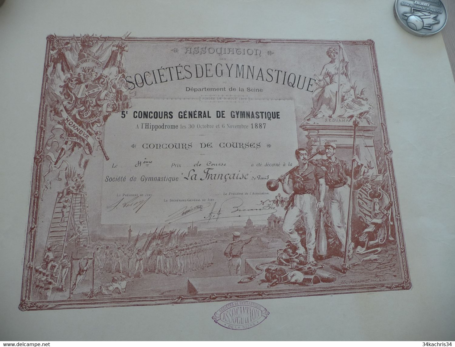 Diplôme Seine 5ème Concours De Gymnastique Illustré Par Paul Merwat 06/11/1887 Prix De Courses 56 X 45 - Diploma & School Reports