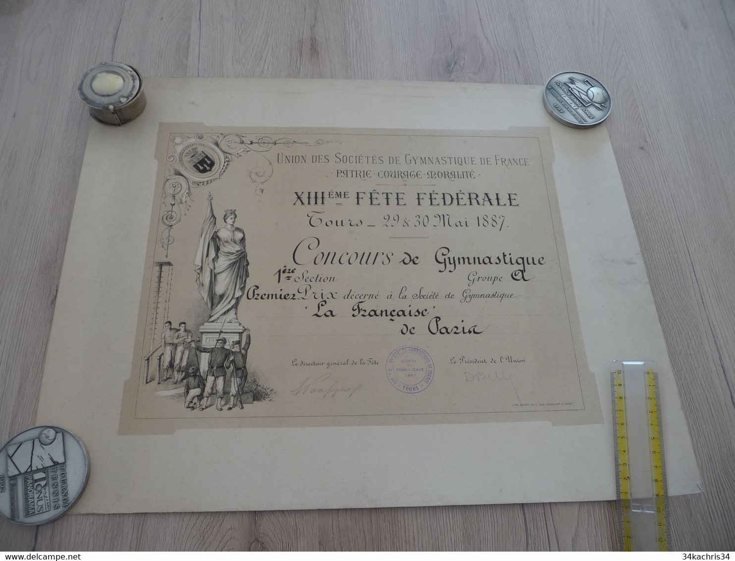 Diplôme Gymnastique XIII ème Fête Fédérale Tours 30/05/1887 39 X 49 - Diplômes & Bulletins Scolaires