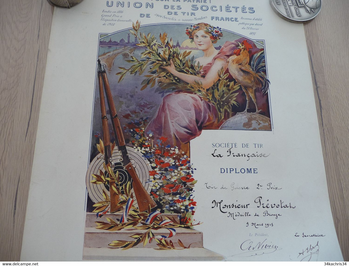 Diplôme Tir De Guerre Union Des Sociétés De Tir De France 09/03/1913 Illustré Par Lessieux  31 X 38 - Diplome Und Schulzeugnisse
