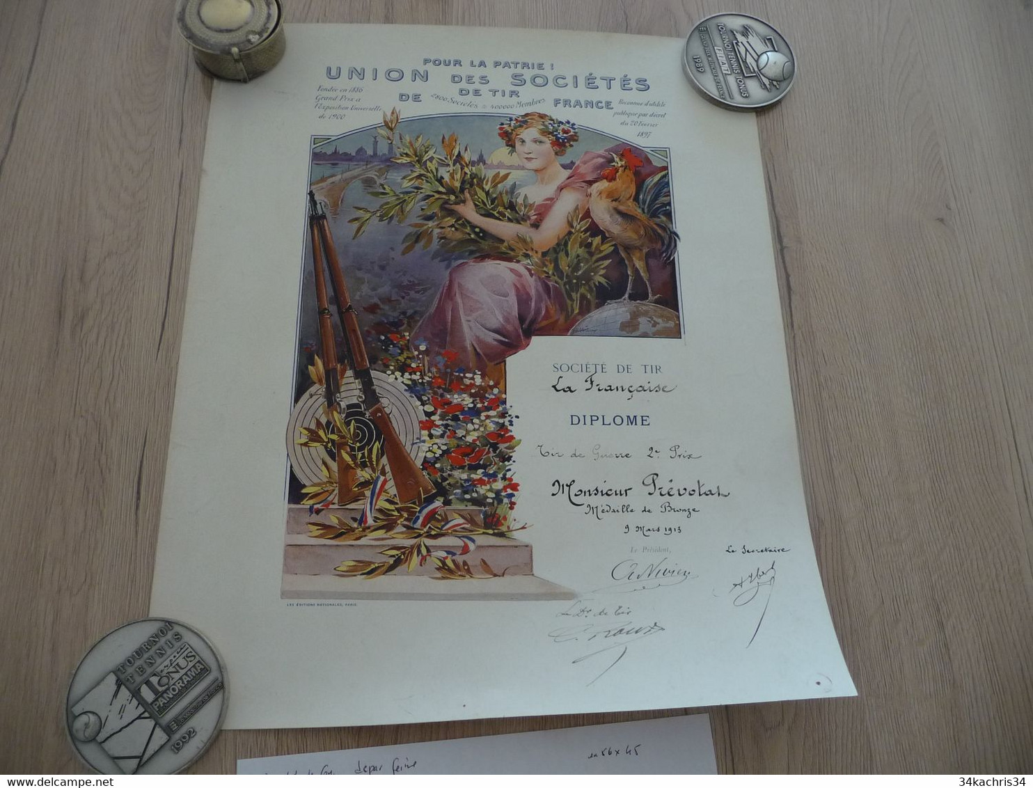 Diplôme Tir De Guerre Union Des Sociétés De Tir De France 09/03/1913 Illustré Par Lessieux  31 X 38 - Diplômes & Bulletins Scolaires