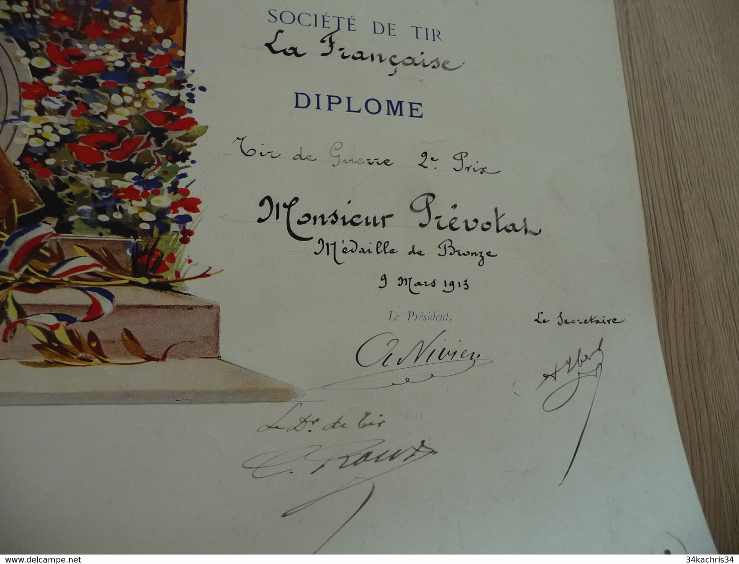Diplôme Tir De Guerre Union Des Sociétés De Tir De France 09/03/1913 Illustré Par Lessieux  31 X 38 - Diploma & School Reports