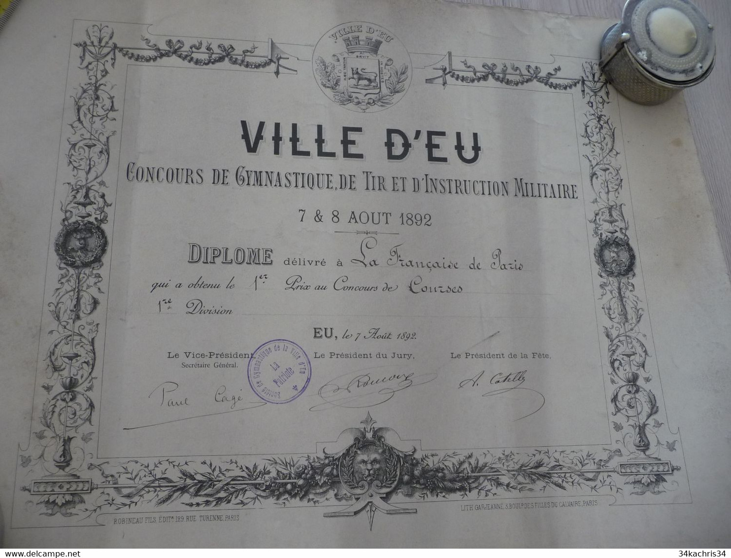 Diplôme Concours De Tir Et De Gymnastique Ville D'Eu Litho Bobineau 08/08/1892 Courses 1er Prix 36 X 27 - Diploma's En Schoolrapporten