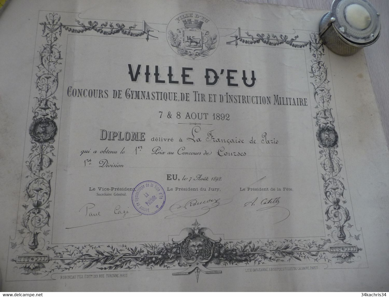 Diplôme Concours De Tir Et De Gymnastique Ville D'Eu Litho Bobineau 08/08/1892 Courses 1er Prix 36 X 27 - Diplomas Y Calificaciones Escolares