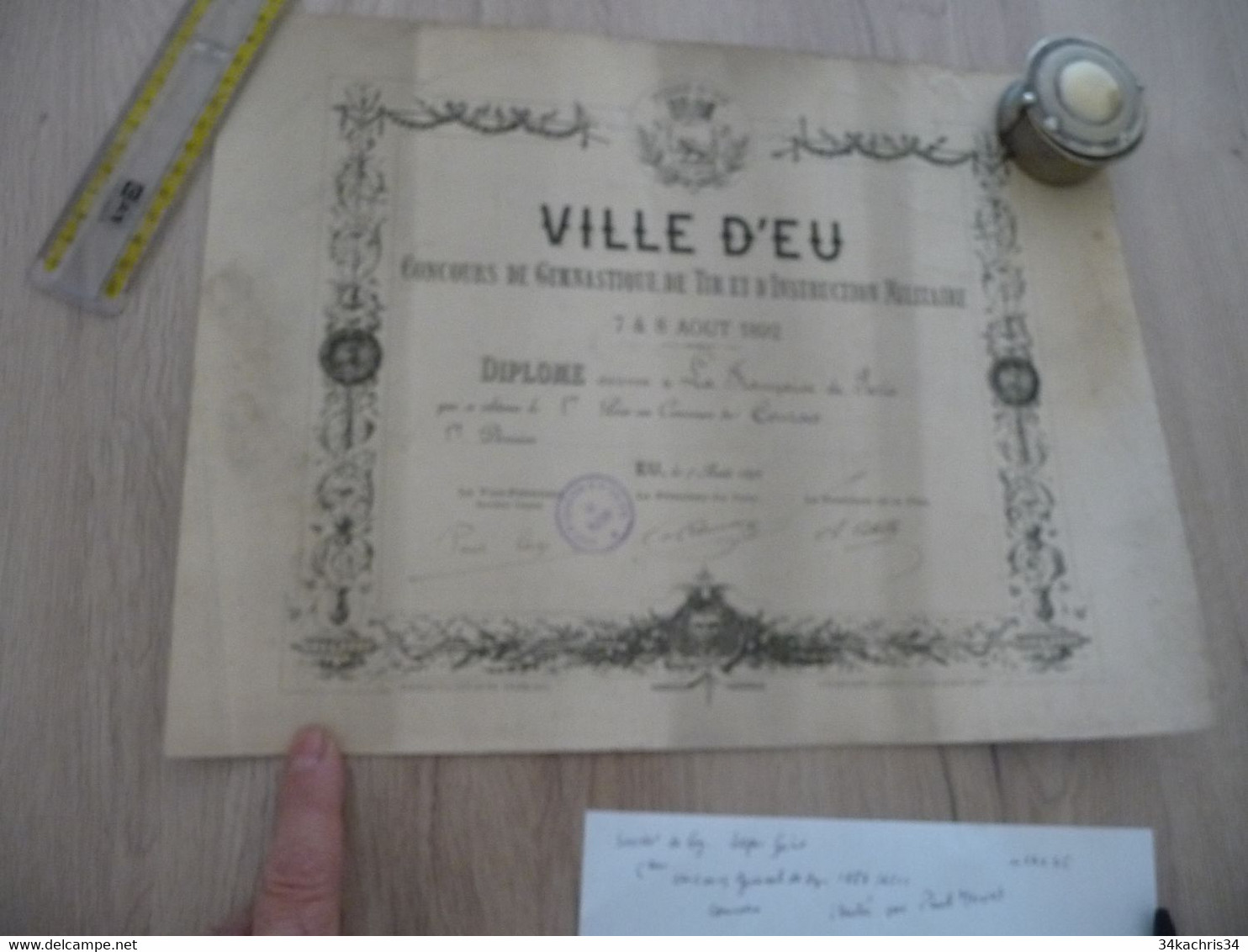 Diplôme Concours De Tir Et De Gymnastique Ville D'Eu Litho Bobineau 08/08/1892 Courses 1er Prix 36 X 27 - Diplome Und Schulzeugnisse