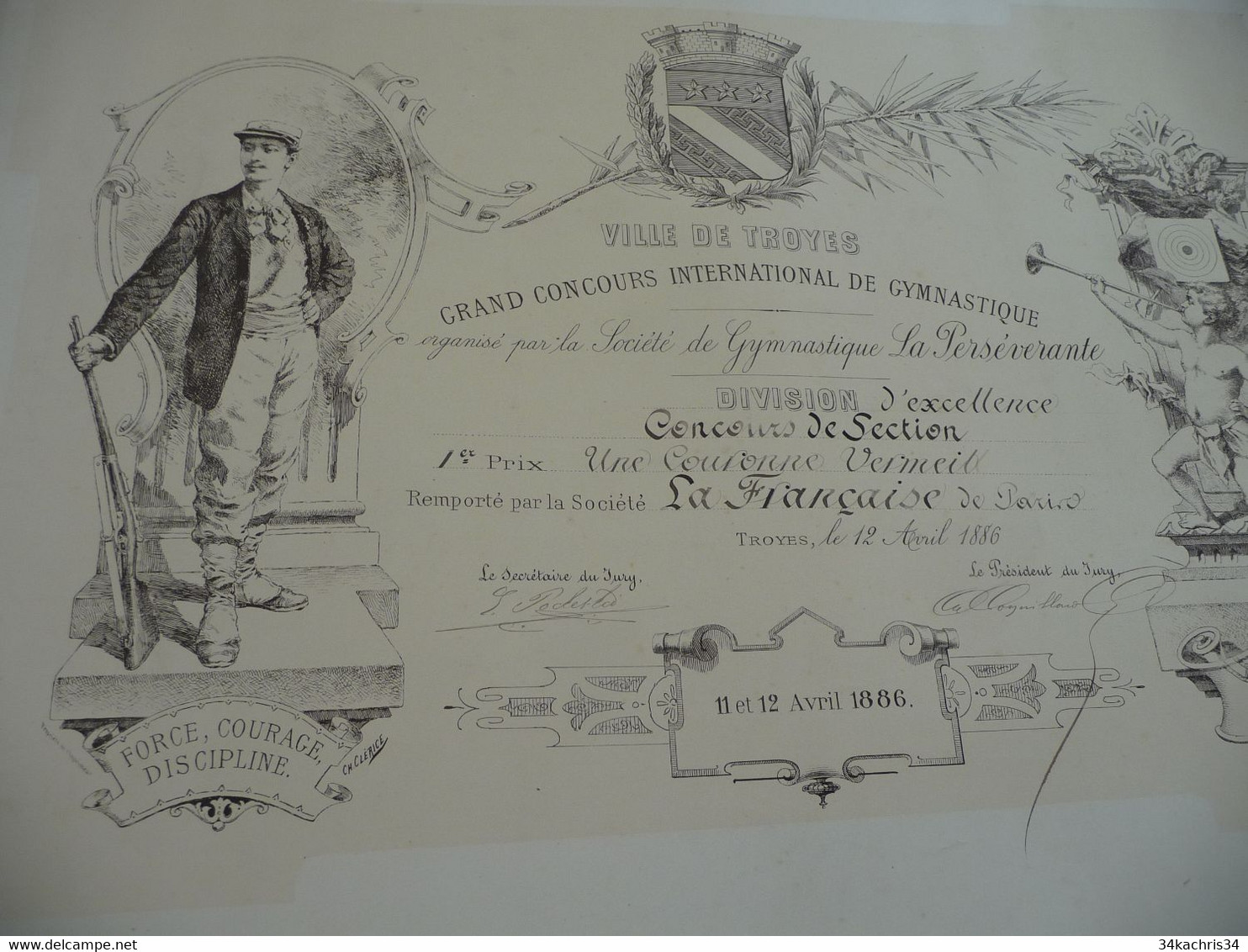 Diplôme Concours De  Gymnastique Troyes 11/12/1881 Illustré Par Ch.Clénice 65 X 51 - Diplomas Y Calificaciones Escolares