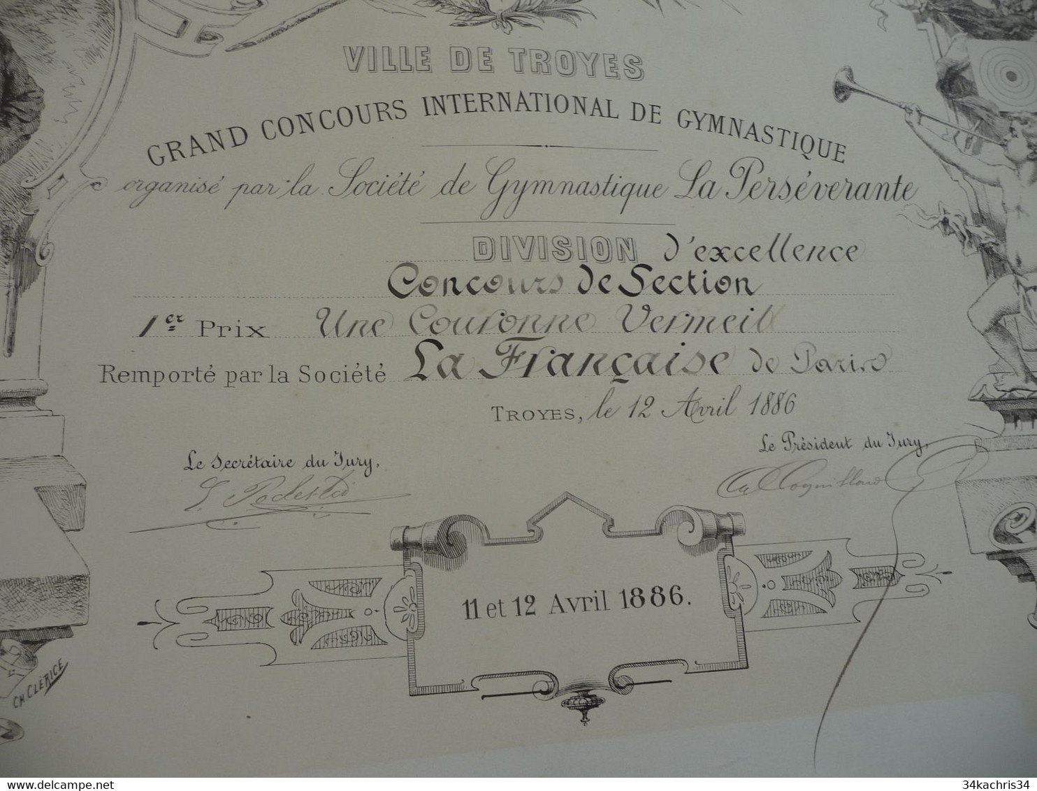 Diplôme Concours De  Gymnastique Paris 1912 Litho Desaide 66 X 45 - Diplômes & Bulletins Scolaires