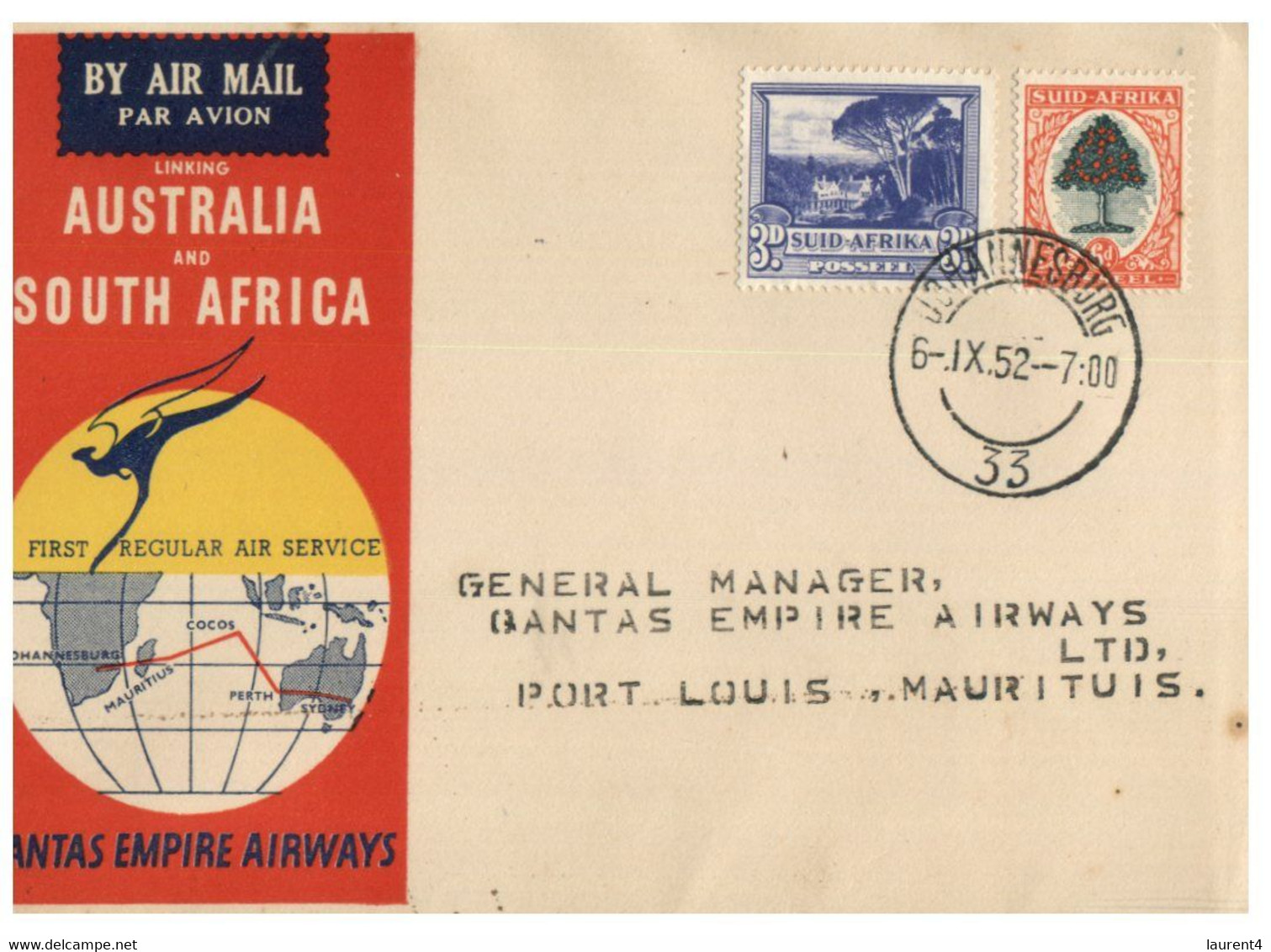 (GG 4) QANTAS Airways - Australia To South Africa Flight Opening (with 2 South Africa Stamps) P/m 1952 - Premiers Vols