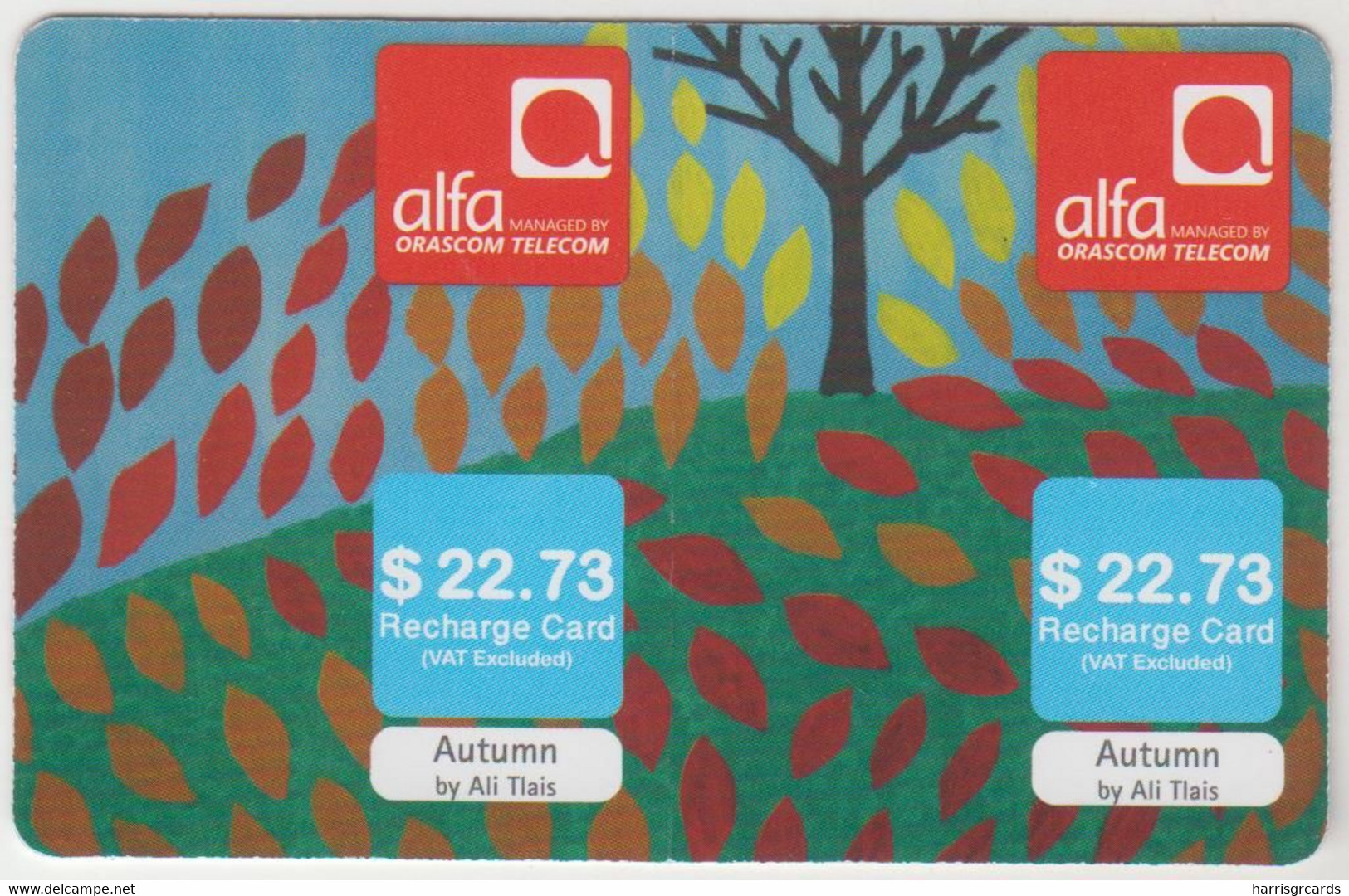 LEBANON - Autumn (Half Size X2) , Alfa Recharge Card 22.073$, Exp.date 09/06/15, Used - Lebanon