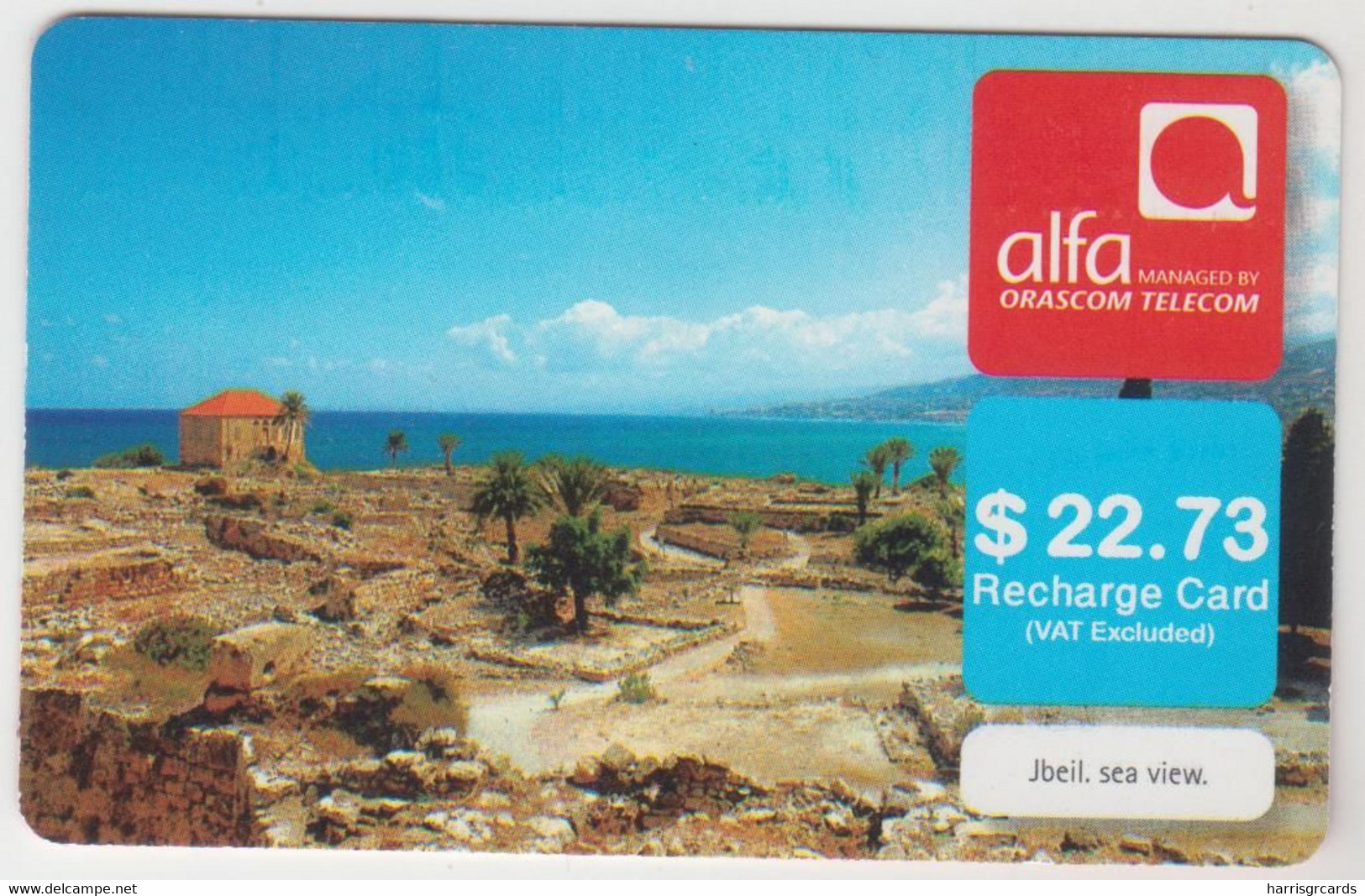 LEBANON - Jbeil Sea View , Alfa Recharge Card 22.73$, Exp.date 01/11/13, Used - Lebanon