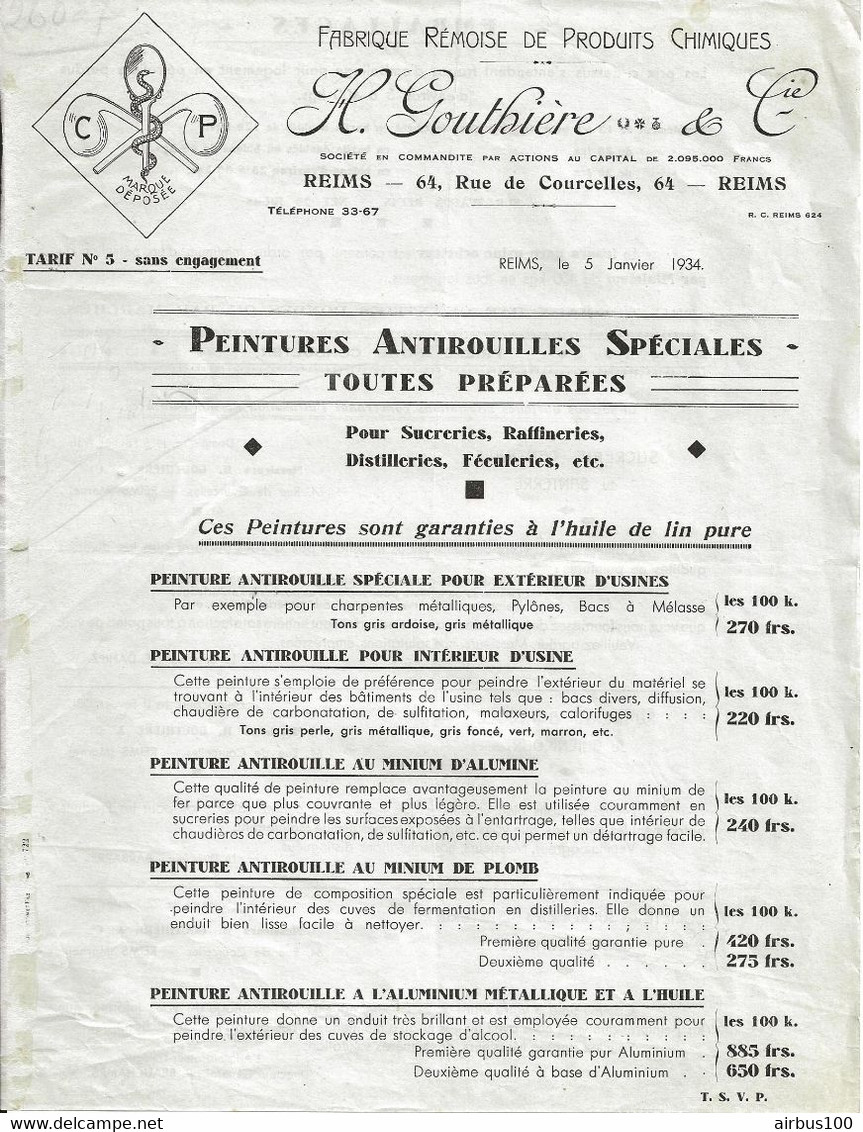 TARIF JANVIER 1934 H. GOUTHIERE 64 Rue De COURCELLES REIMS - FABRIQUE REMOISE De PRODUITS CHIMIQUES - Droguerie & Parfumerie