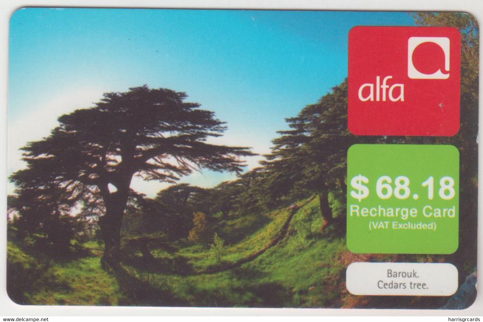 LEBANON - Barouk. Cedars Tree , Alfa Recharge Card 68.18$, Exp.date 30/10/11, Used - Libanon