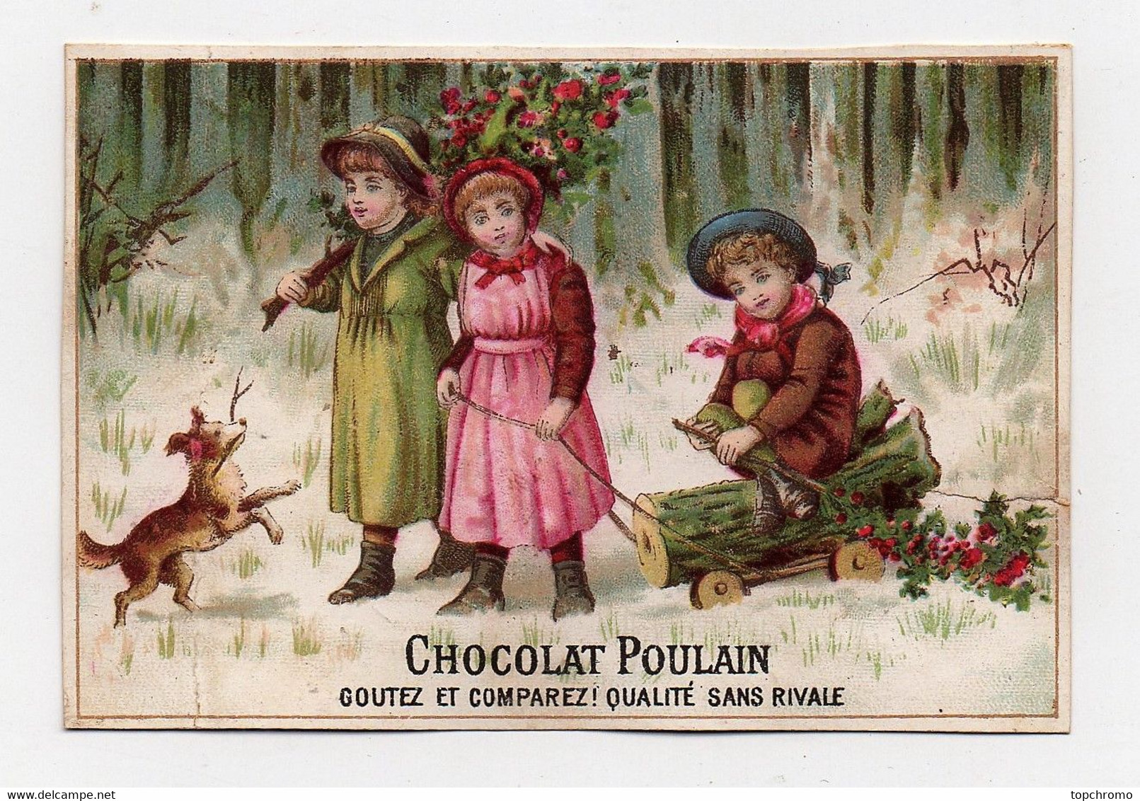 CHROMO Chocolat Poulain Enfants Filles Fillettes Chien Chariot Jouet Hiver Neige Houx - Poulain