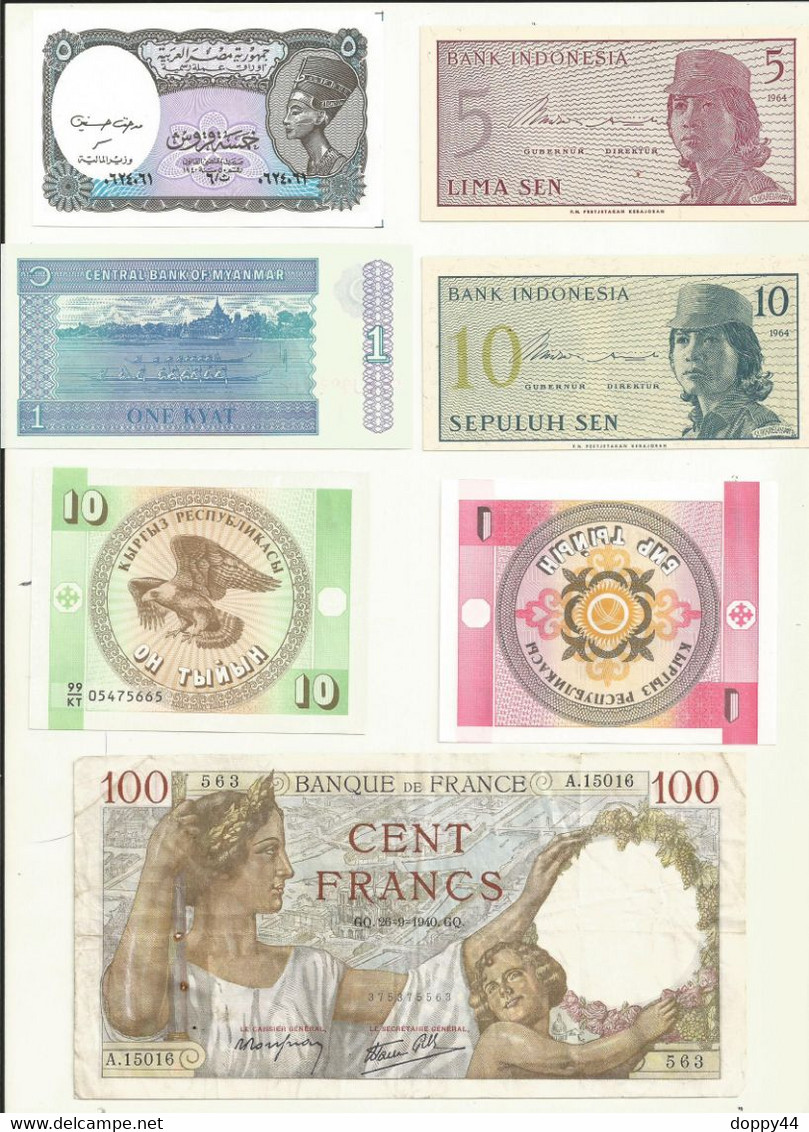 LOT BILLETS  FRANCE / BIRMANIE/KIRGHIZISTAN/INDONESIE/EGYPTE. - Lots & Kiloware - Banknotes