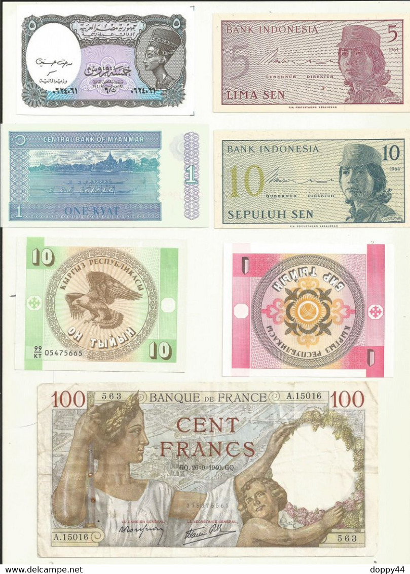 LOT BILLETS  FRANCE / BIRMANIE/KIRGHIZISTAN/INDONESIE/EGYPTE. - Mezclas - Billetes