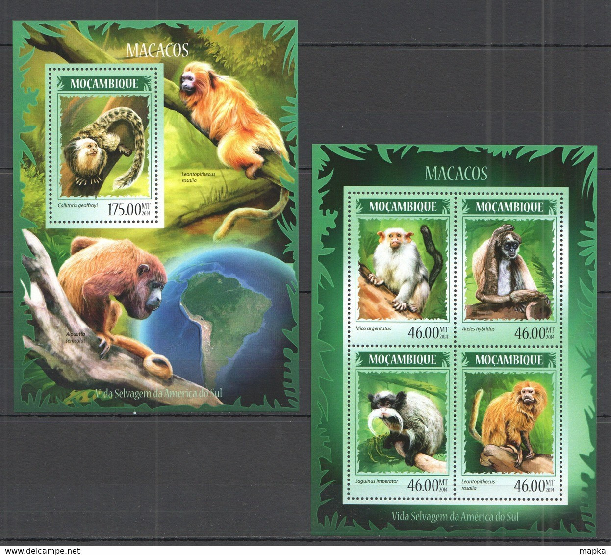 ST2393 2014 MOZAMBIQUE MOCAMBIQUE FAUNA ANIMALS MONKEYS MACACOS KB+BL MNH - Scimmie