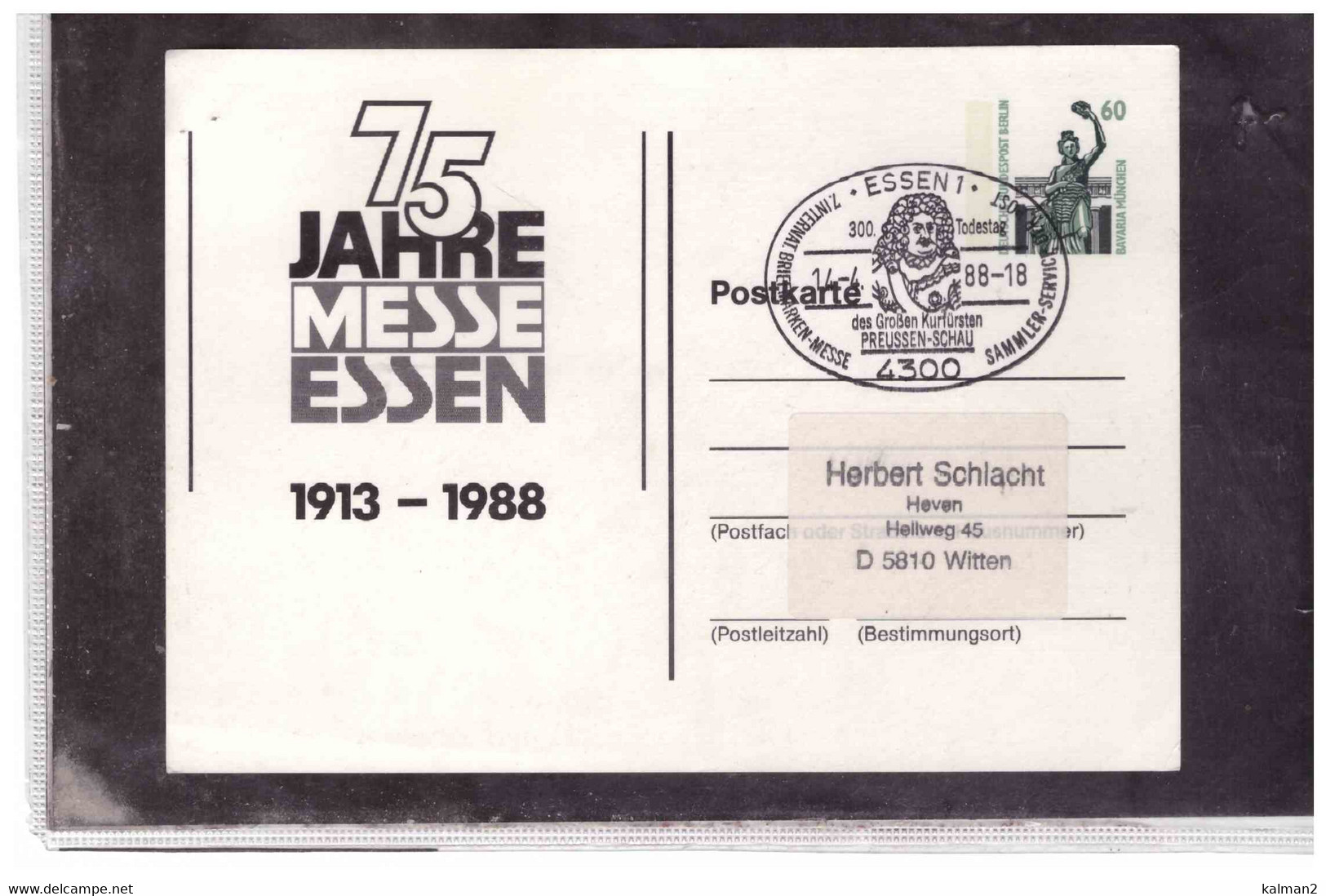 TEM13183 -  ESSEN  14.4.1988  /  7. INTERN. BRIEFMARKEN MESSE - Cartes Postales Privées - Oblitérées