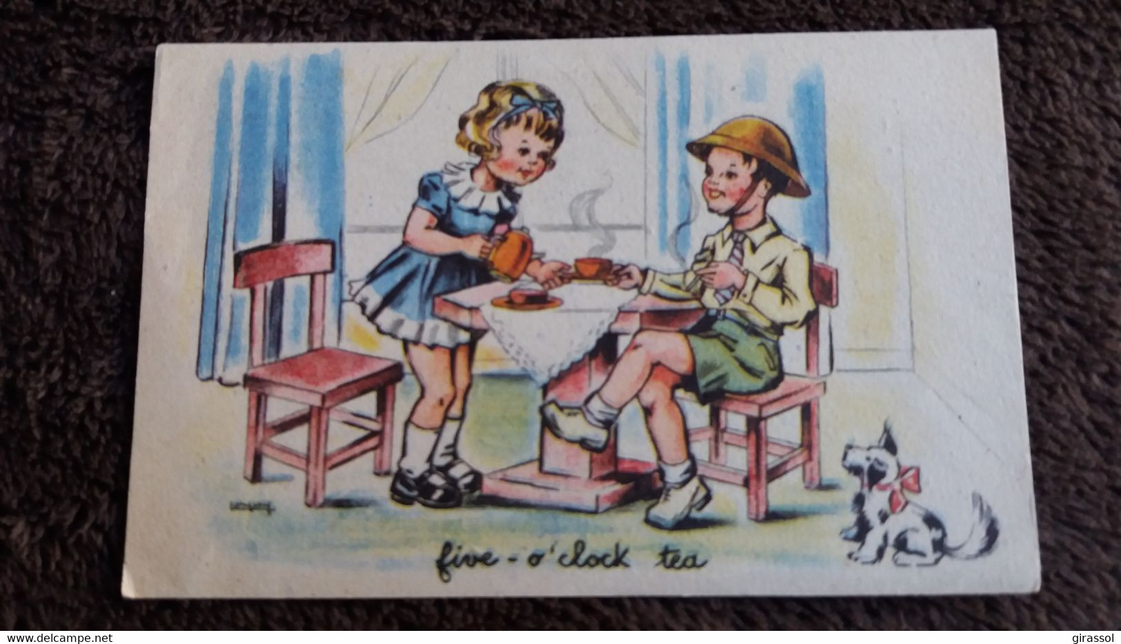 CPA CPSM ENFANTS FILLETTE GARCON FIVE O CLOCK TEA CHIEN THE SOLDAT AMERICAIN 1945 - Cartes Humoristiques