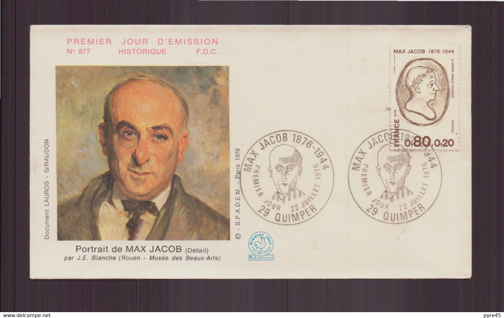 France, FDC Enveloppe Du 22 Juillet 1976 à Quimper " Portrait De Max Jacob " - 1970-1979